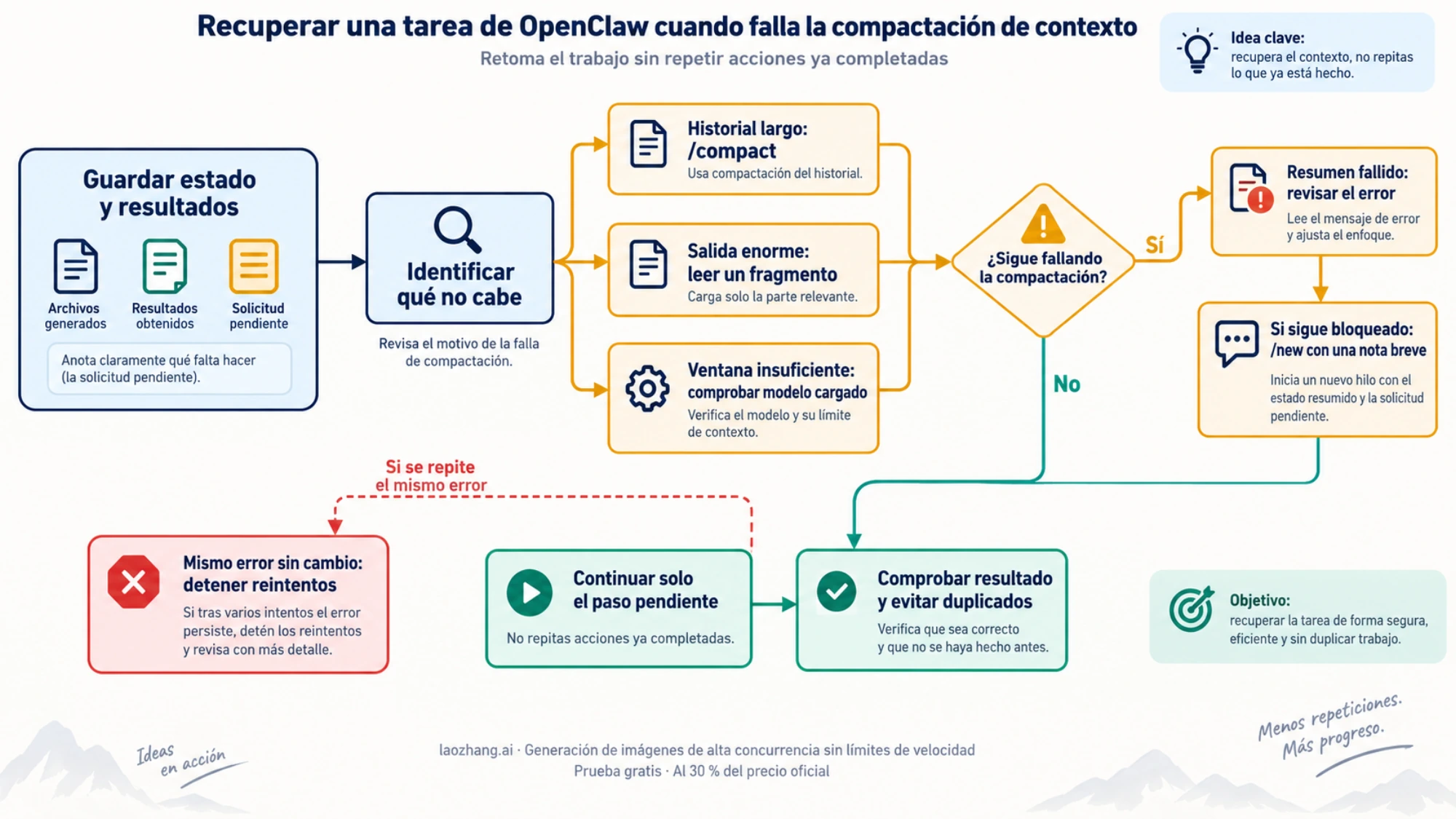Diagrama para conservar resultados, identificar qué entrada no cabe y continuar el paso pendiente sin repetir acciones terminadas