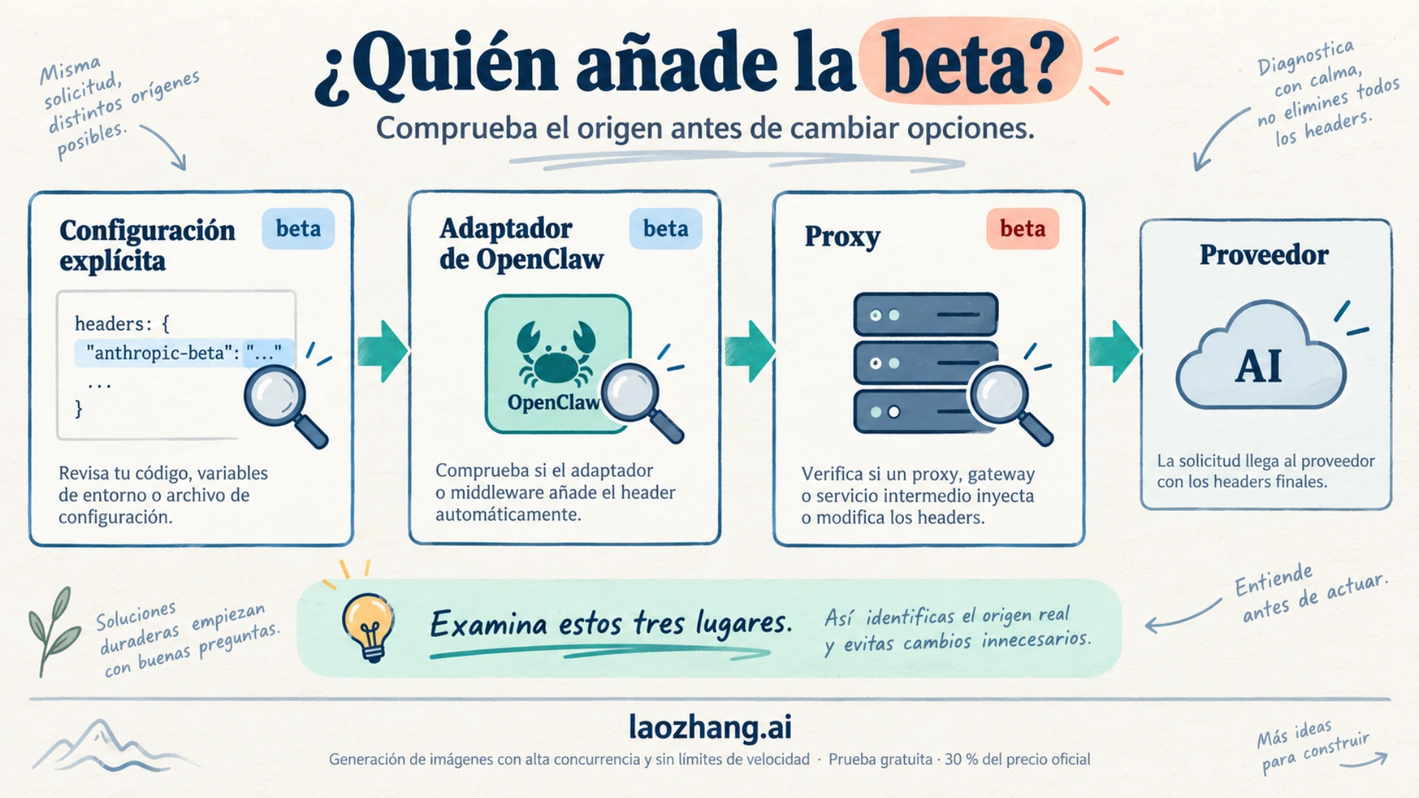 Diagrama conceptual de los tres lugares que pueden añadir una beta: configuración explícita, adaptador de OpenClaw y proxy