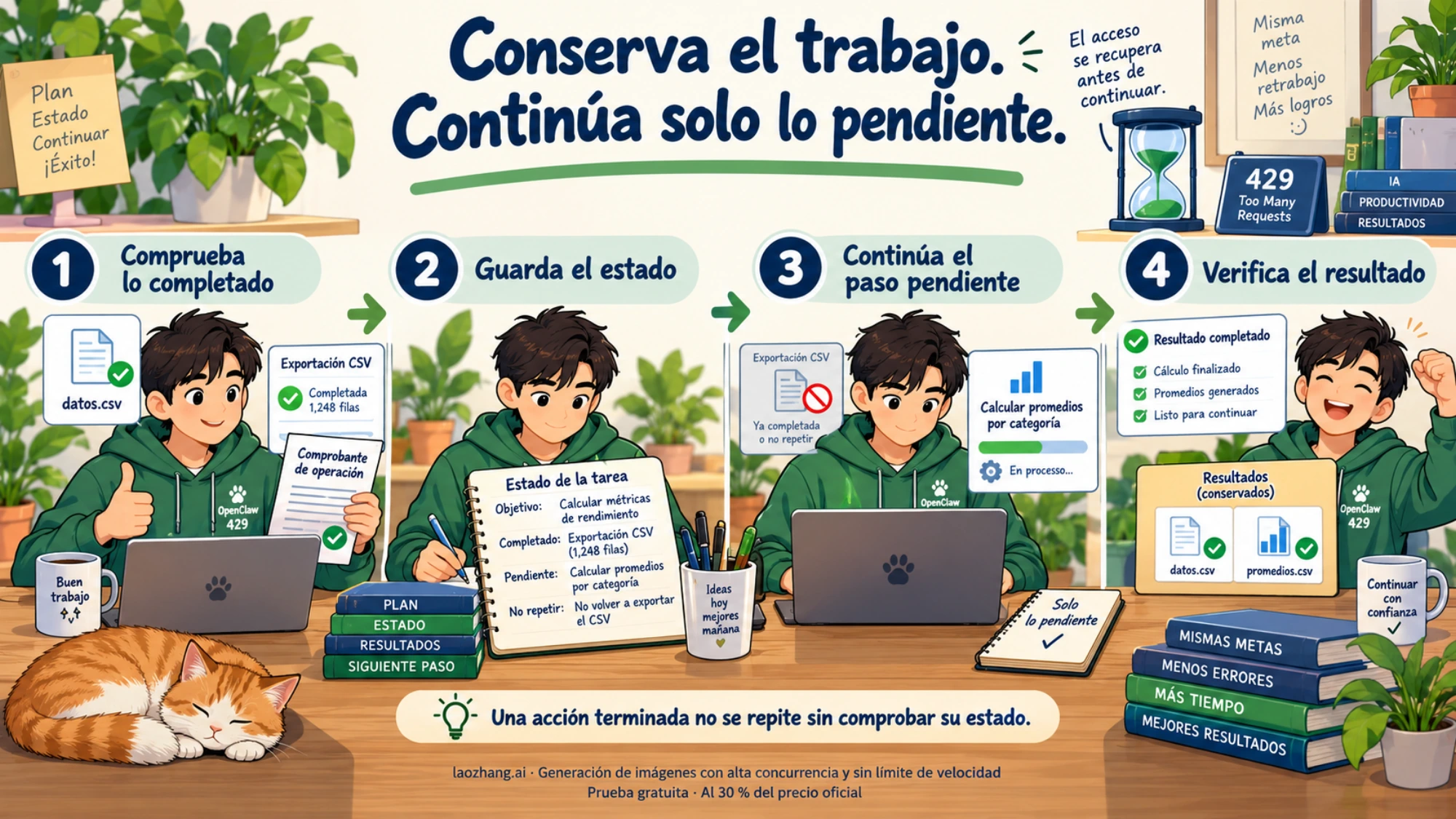 Secuencia ilustrada para comprobar el trabajo terminado, guardar el estado, continuar solo el paso pendiente y verificar el resultado