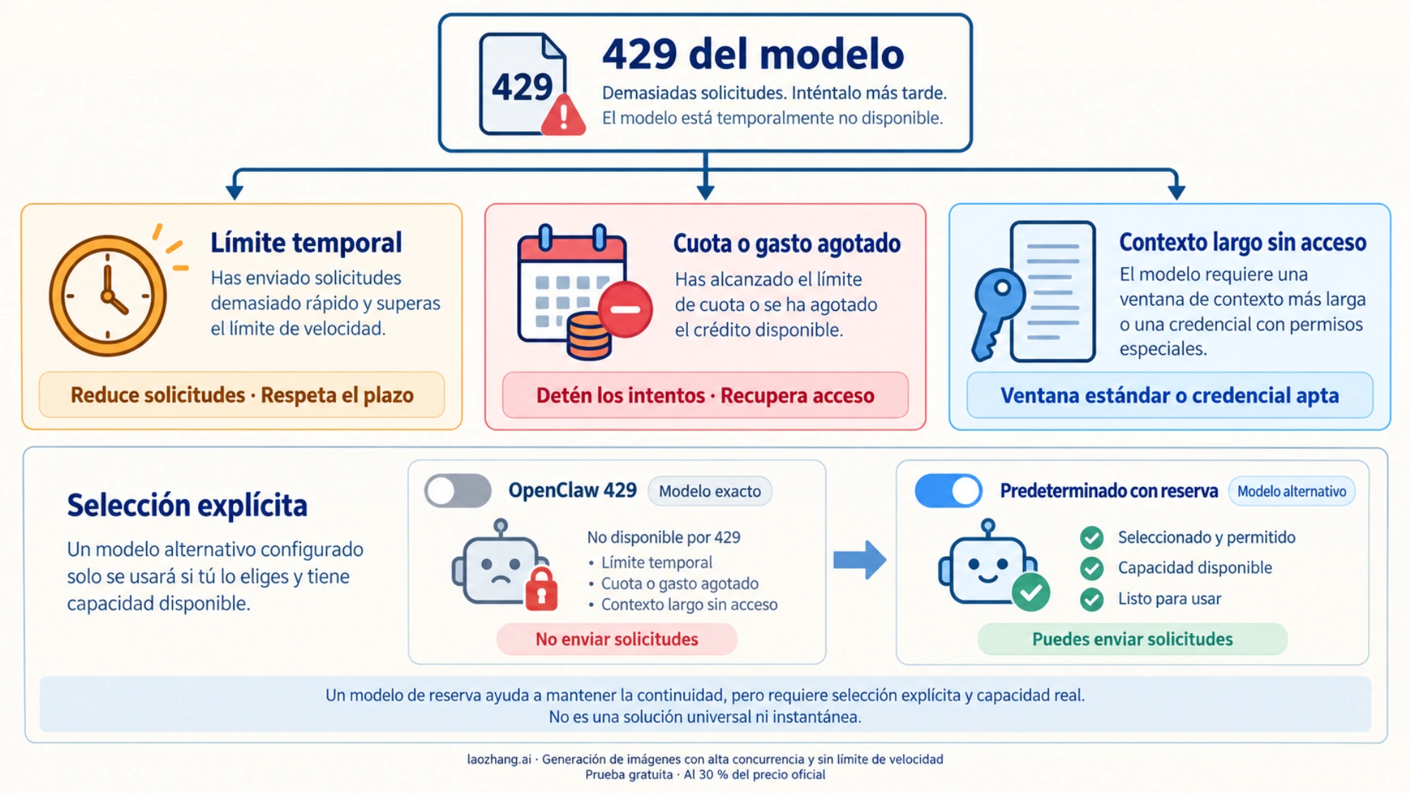 Diagrama ilustrado para distinguir un límite temporal, una cuota agotada y el acceso a contexto largo, con selección estricta y modelo de reserva