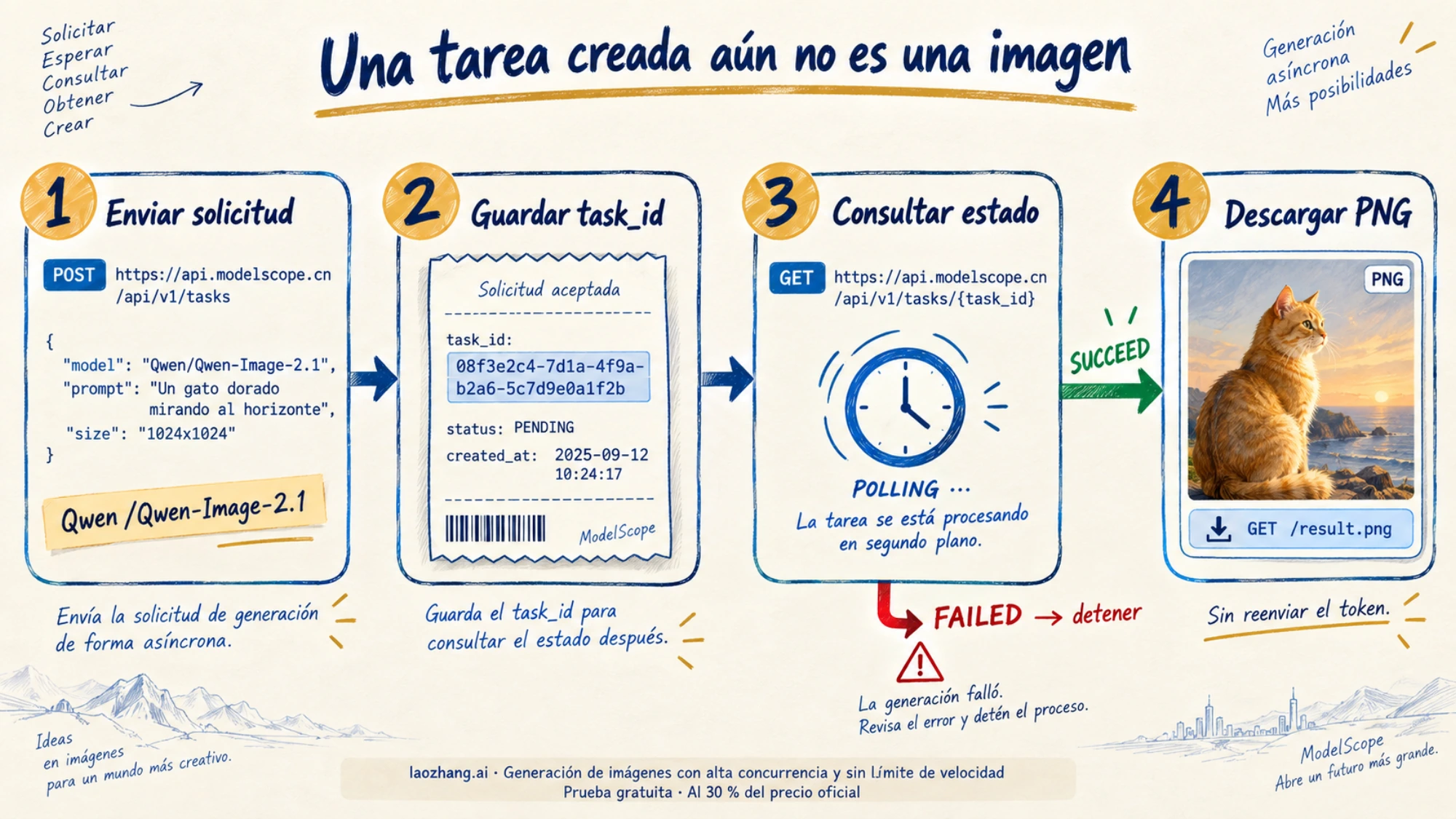 Esquema del envío de una tarea, la consulta del estado y la descarga de la imagen resultante