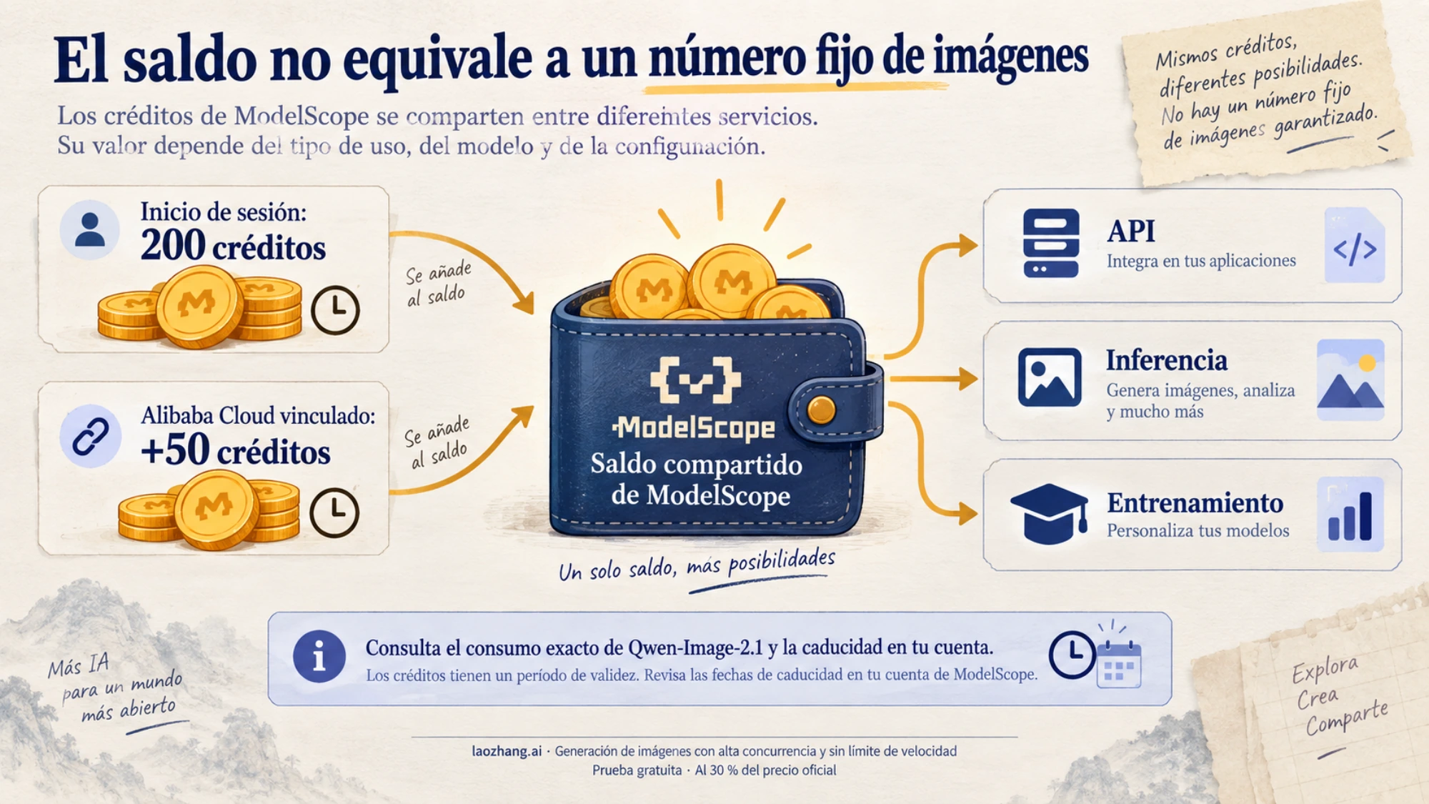 Ilustración de los créditos de ModelScope como saldo compartido entre API, inferencia y entrenamiento