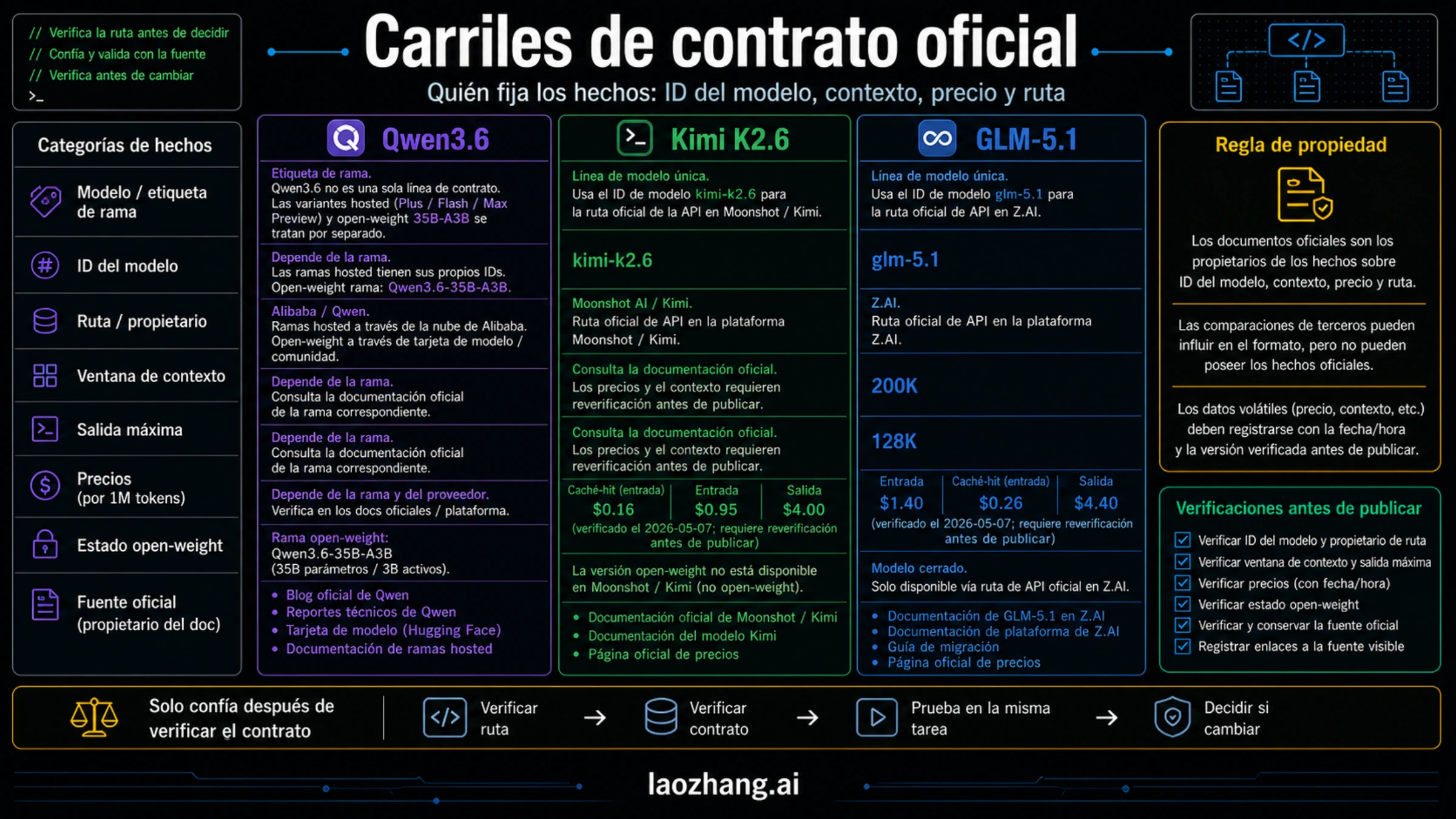 Contratos oficiales para Qwen3.6, Kimi K2.6 y GLM-5.1