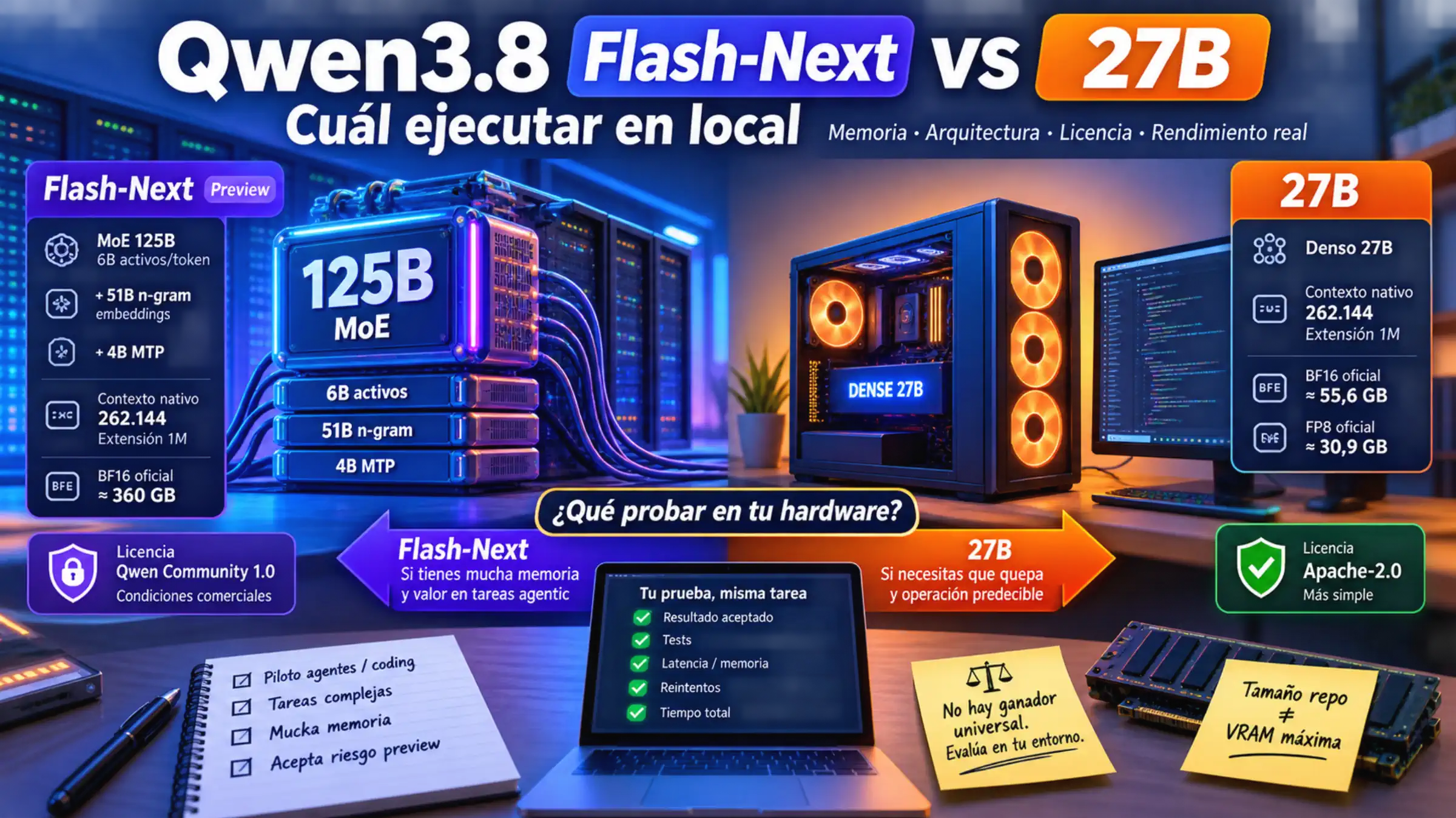 Ruta de decisión local entre Qwen3.8 Flash-Next y 27B
