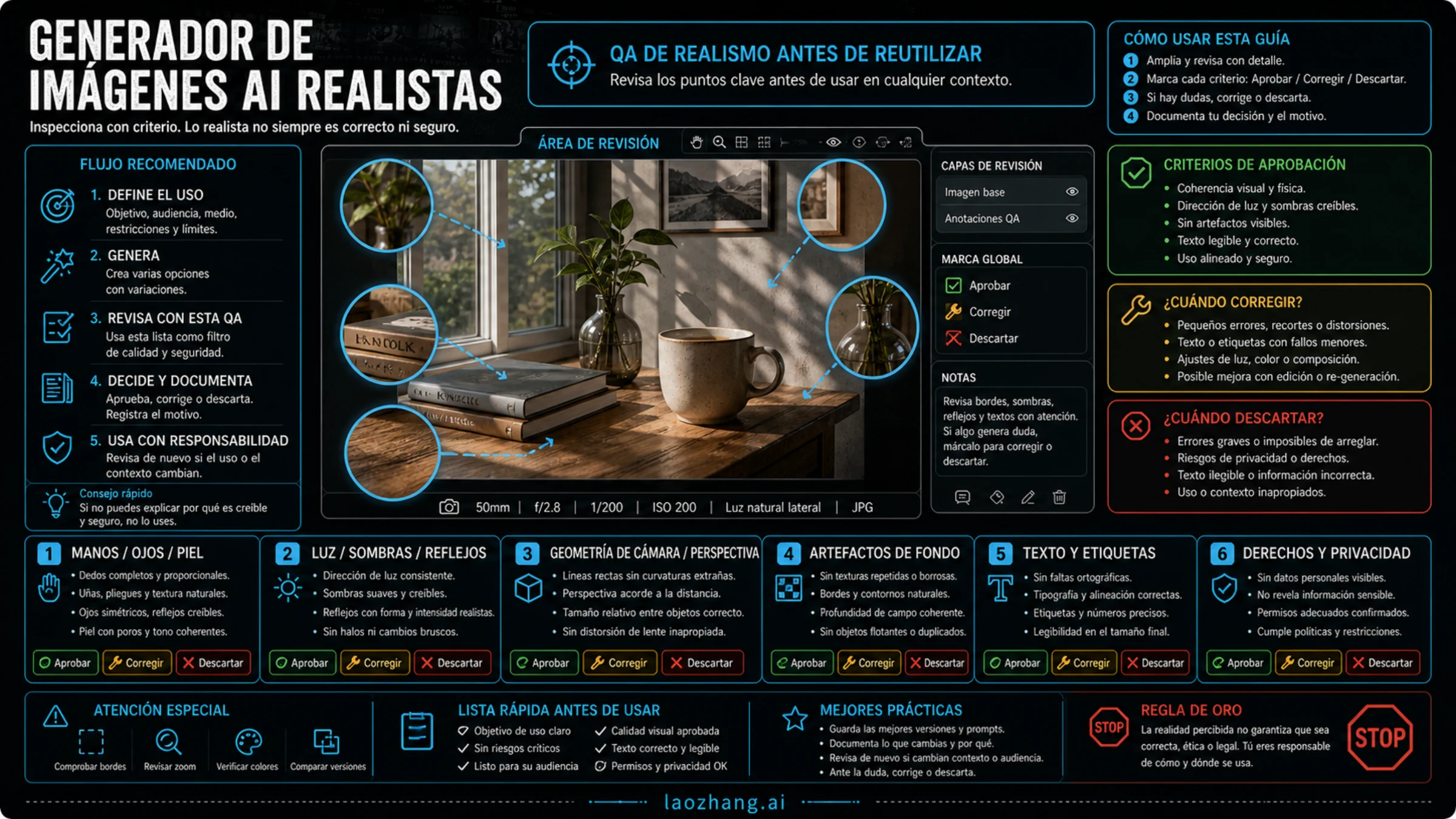 Scorecard para revisar manos, ojos, iluminación, perspectiva, texto, derechos y privacidad antes de reutilizar