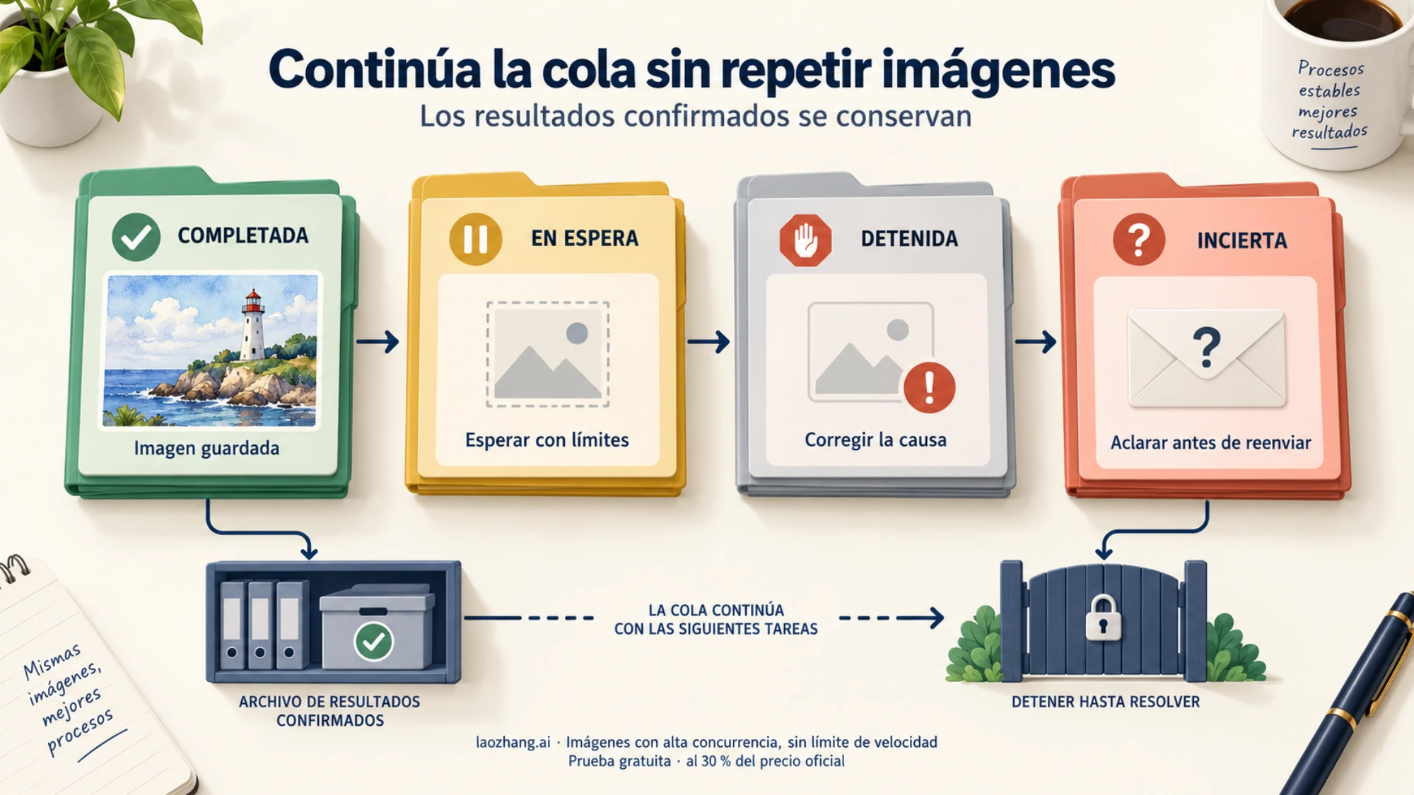 Estados de los trabajos de imagen: conservar los completados, aplazar los pendientes y aclarar los resultados desconocidos antes de reenviar.