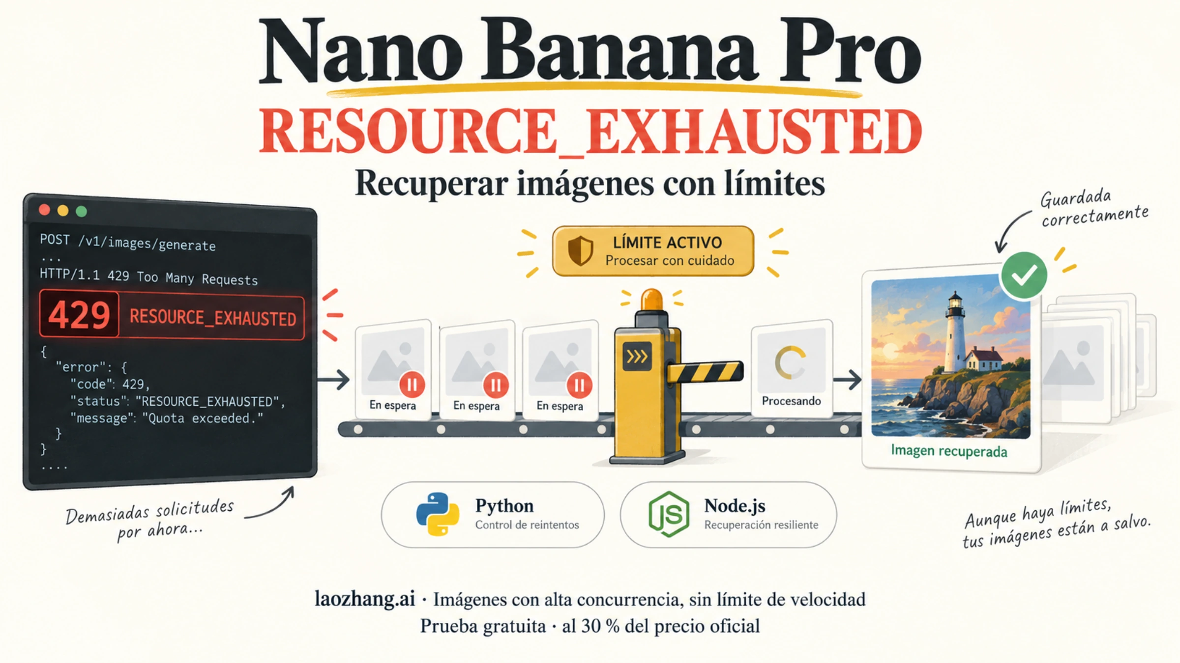 Ilustración de una cola de imágenes de Nano Banana Pro con error 429, reintentos limitados y conservación del resultado confirmado.