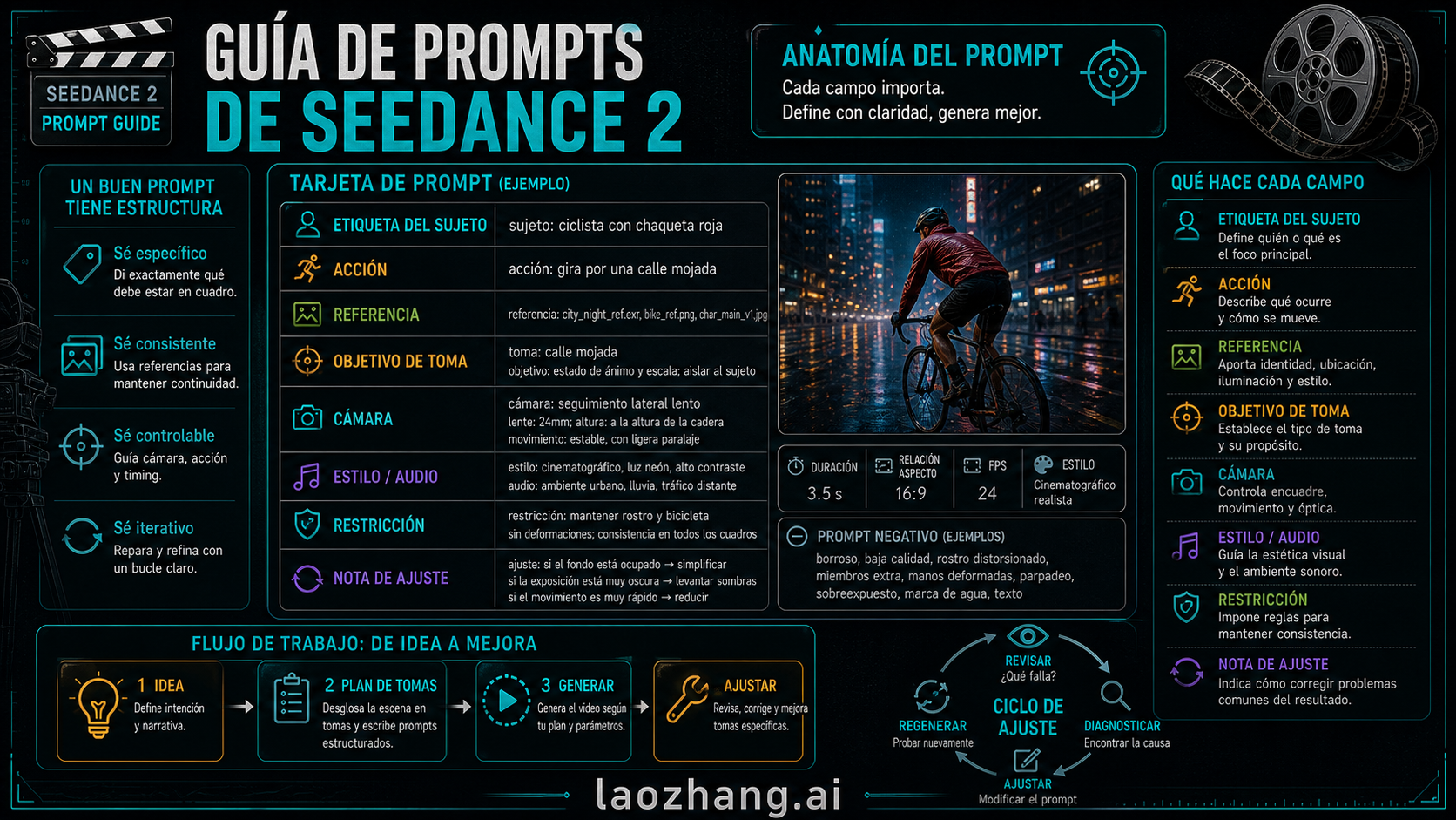 Tablero en español de anatomía de prompts para Seedance 2 con campos y ejemplo