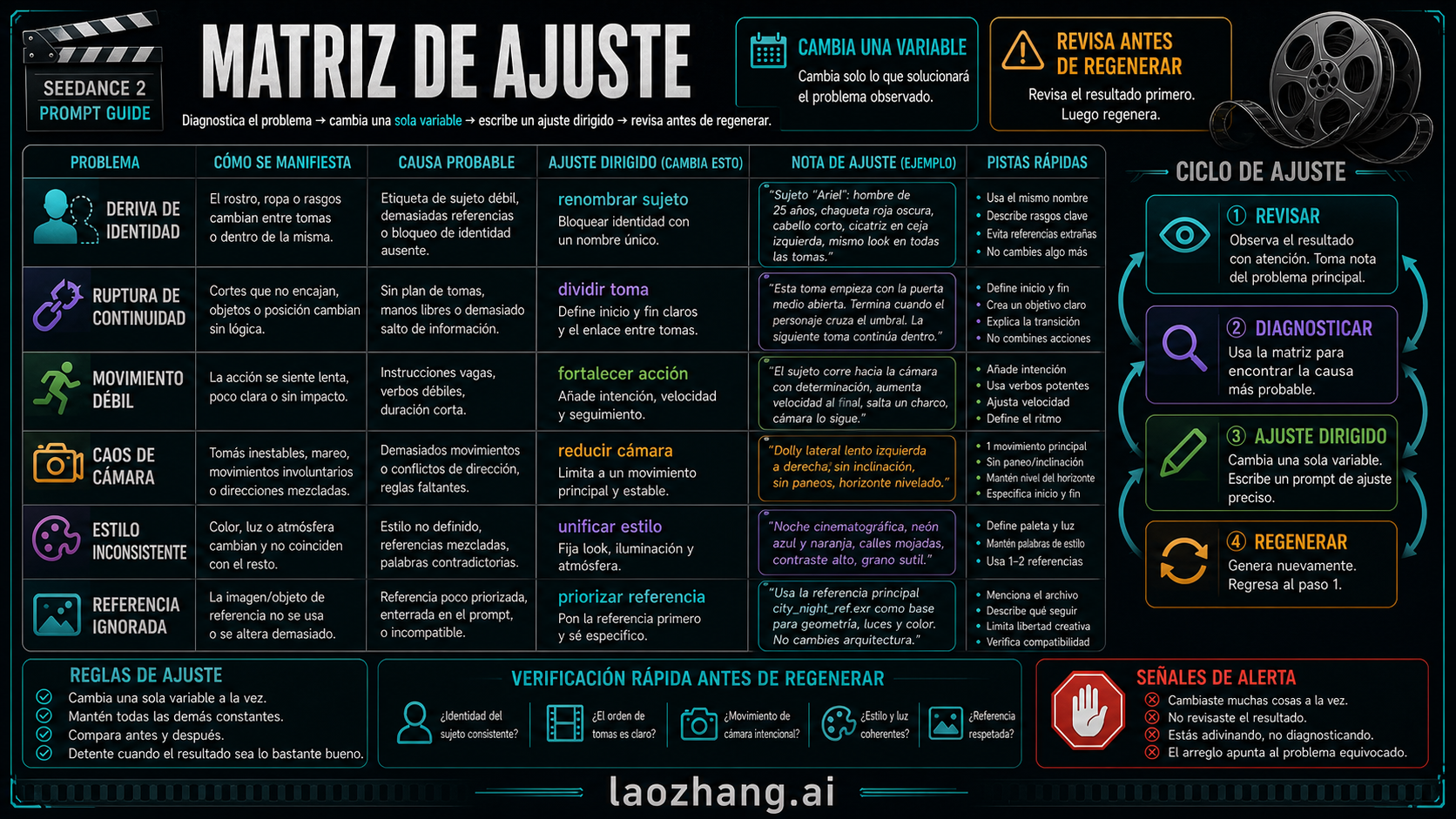 Matriz de ajuste en español para Seedance 2 con deriva de identidad, continuidad, cámara y referencias