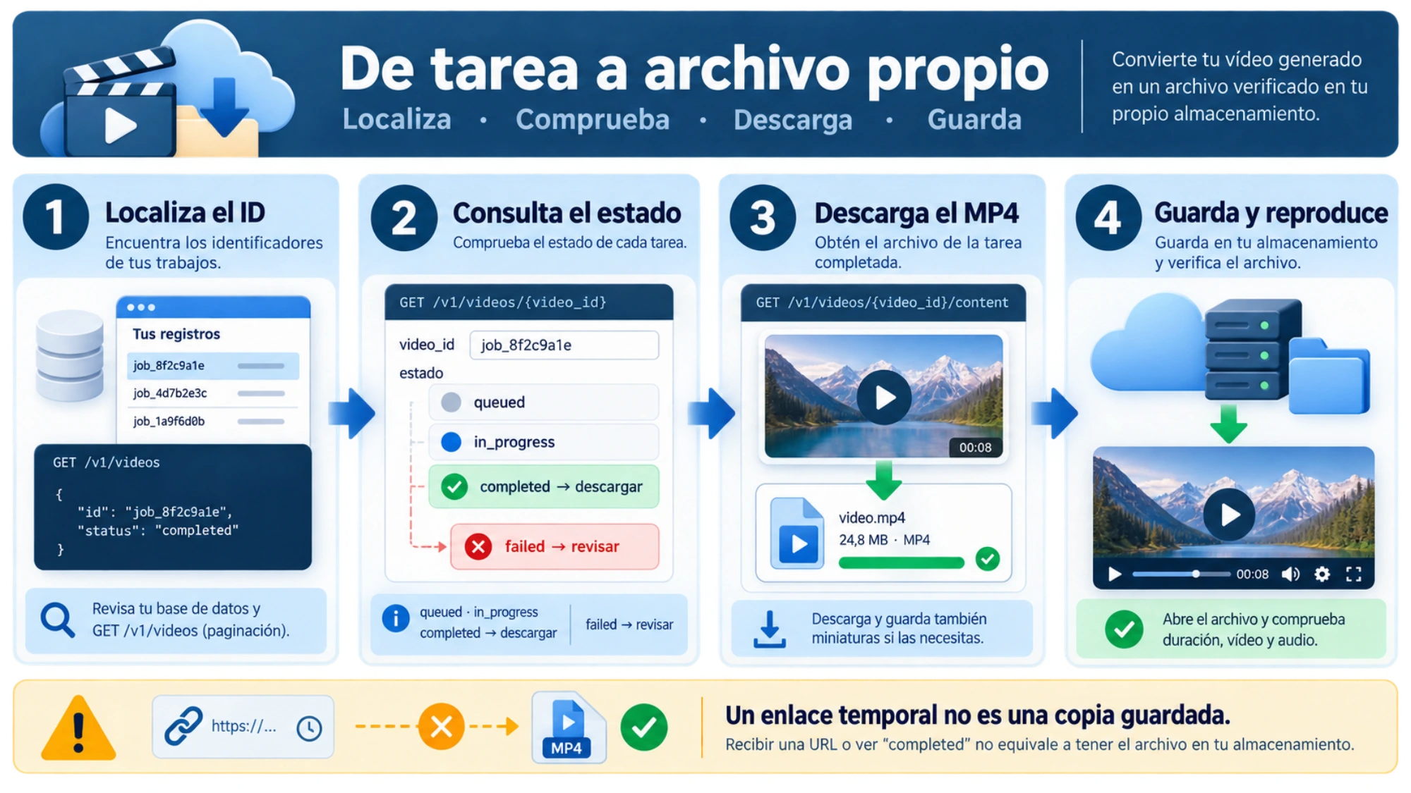 Pasos para localizar una tarea de vídeo, consultar su estado, descargar el MP4 y guardar una copia reproducible