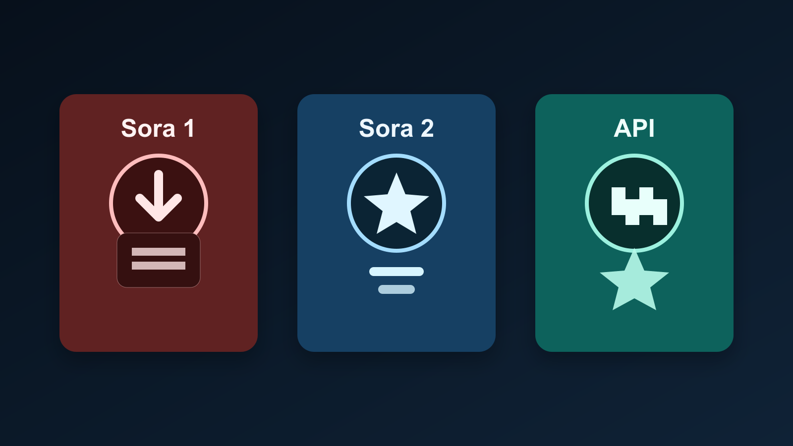 Mapa de acciones para usuarios heredados de Sora 1, usuarios actuales de Sora 2 y desarrolladores API