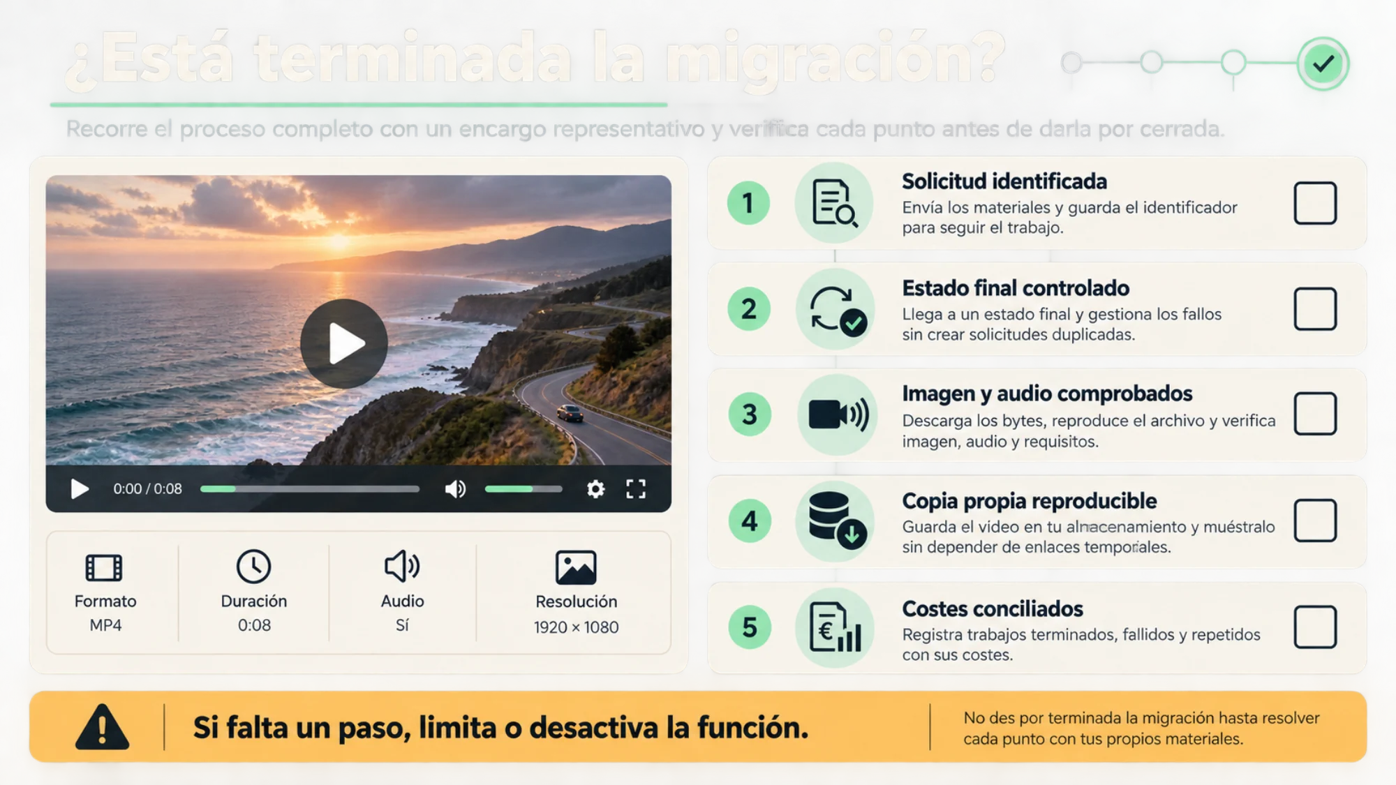 Comprobaciones de una migración de vídeo: solicitud identificada, estado final, imagen y audio, copia propia y conciliación de costes