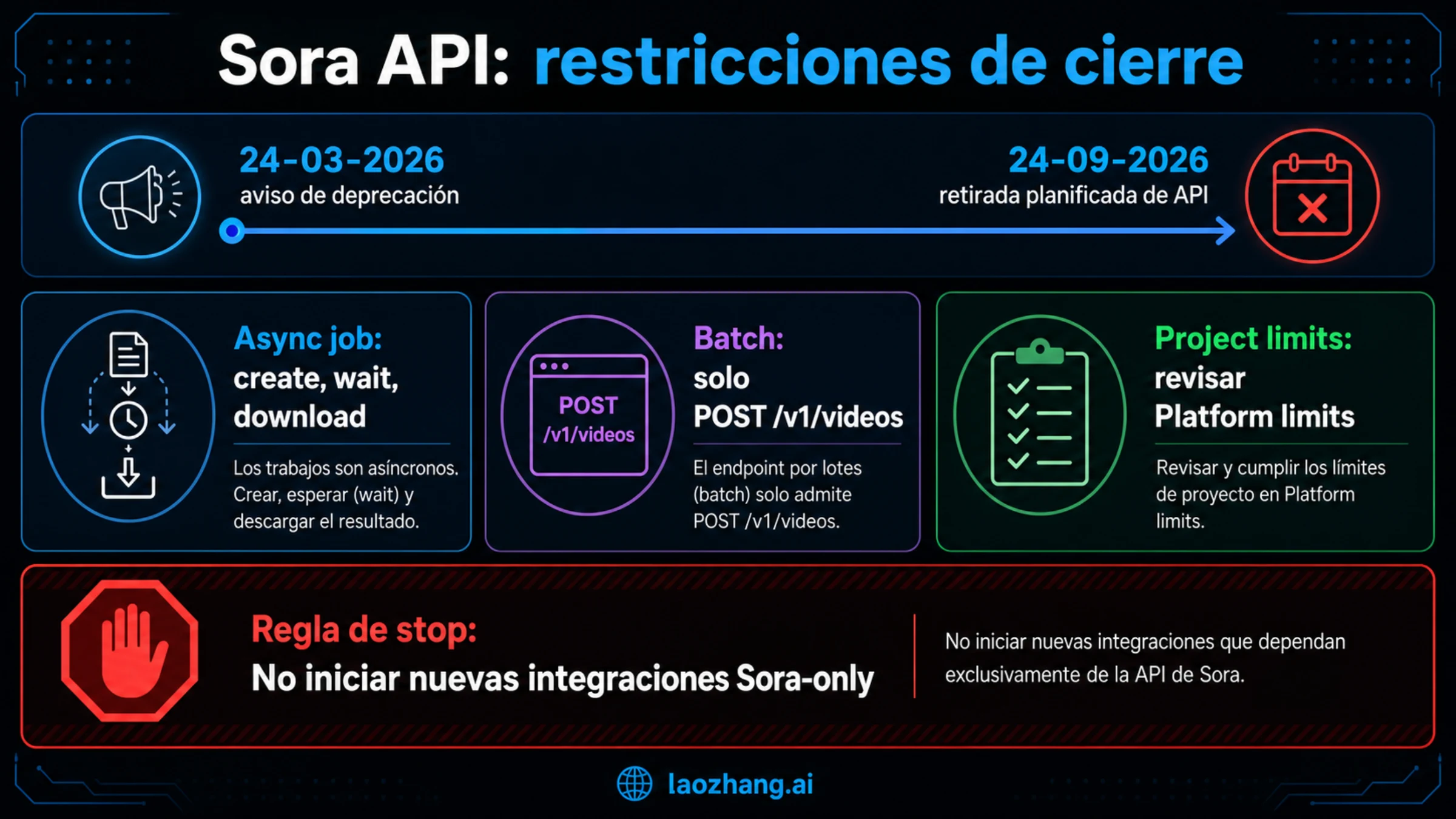 Tablero del cierre de Sora API con fecha de retirada, trabajos asíncronos, Batch y regla de migración