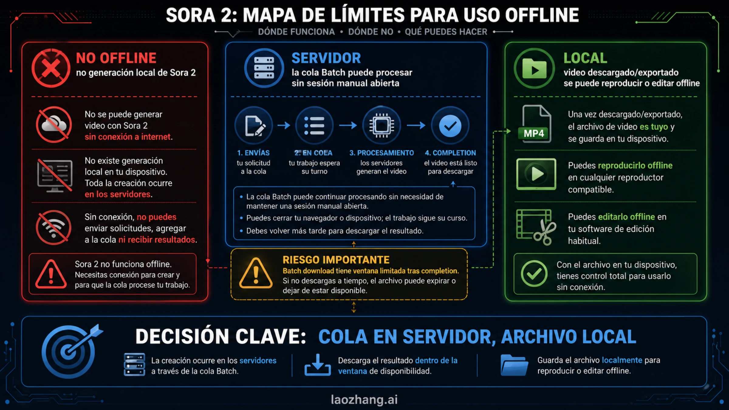 Tablero de uso sin conexión de Sora 2 con generación local, cola Batch, reproducción descargada y riesgo de descarga