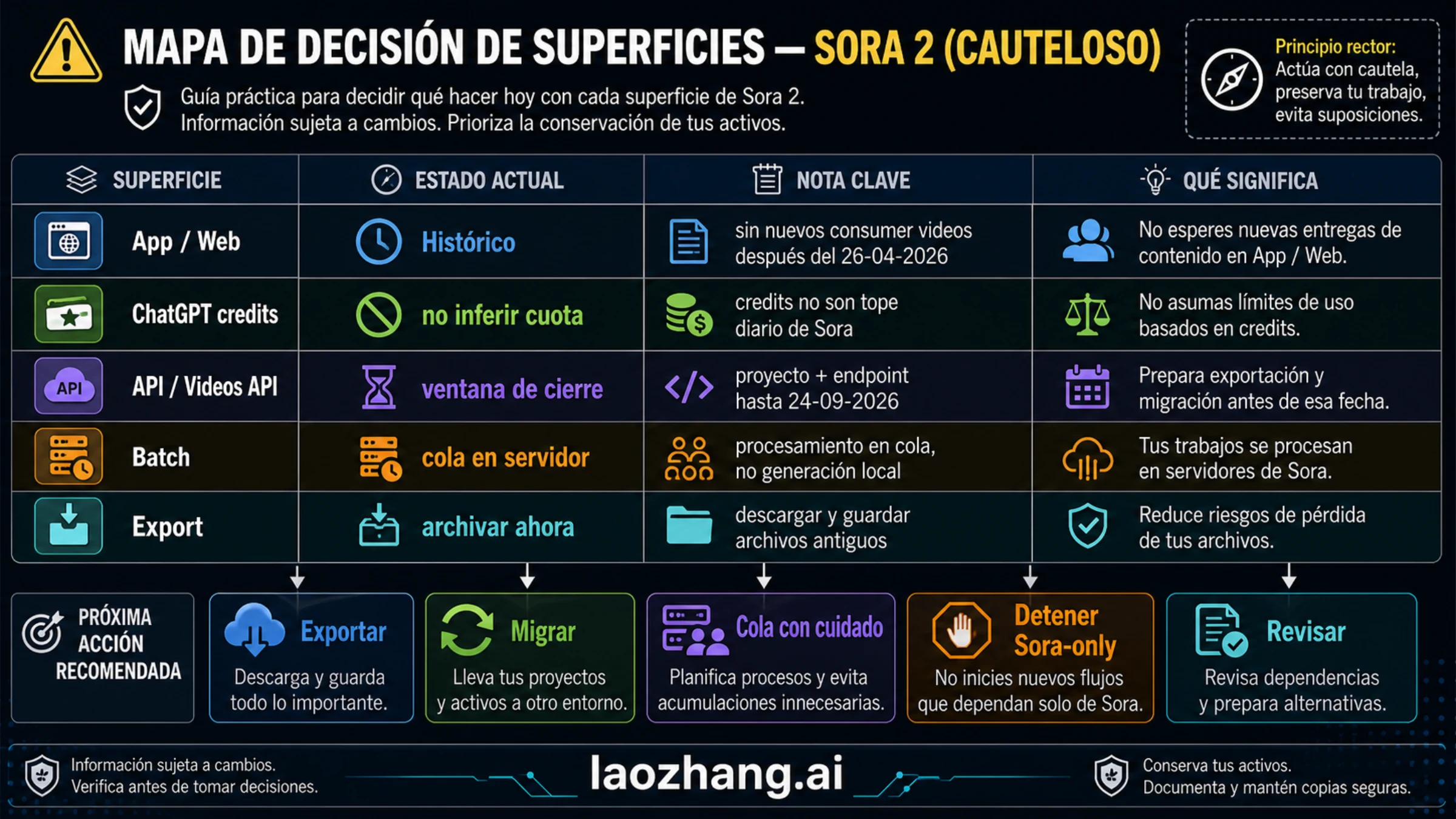 Mapa de superficies de Sora 2 con límites históricos, restricciones API, exportación y migración
