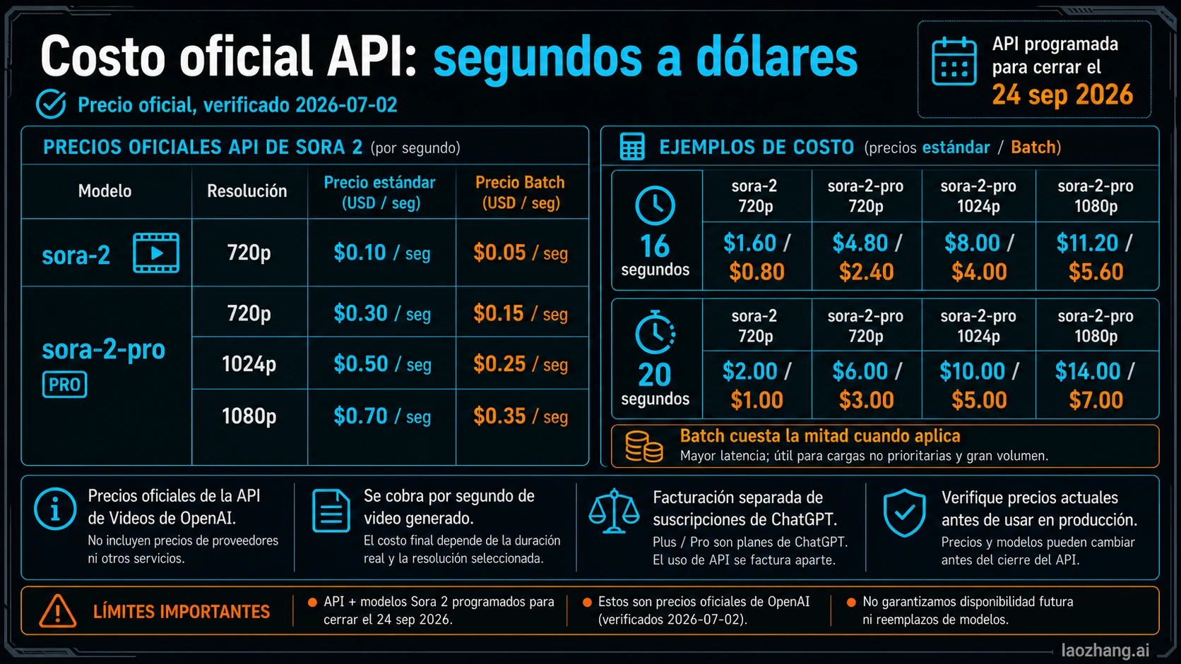 Calculadora de coste de Sora 2 API con precios por segundo