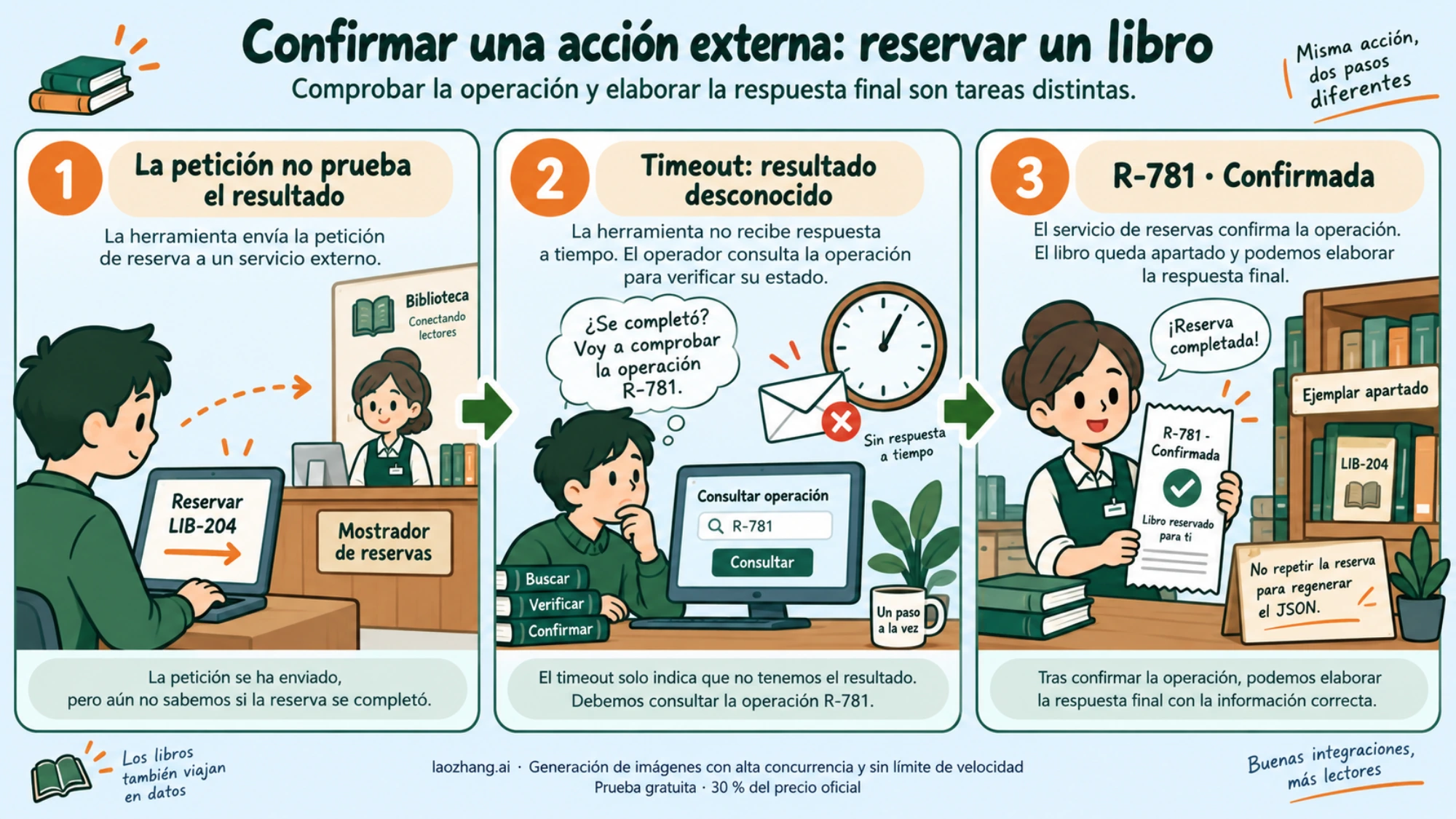 Reserva ficticia en la que un timeout lleva a consultar el estado de la operación antes de elaborar la respuesta final