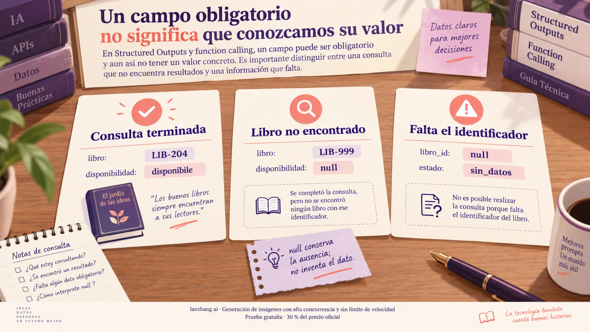 Fichas ficticias que distinguen un libro disponible, una consulta sin resultados y la falta del identificador