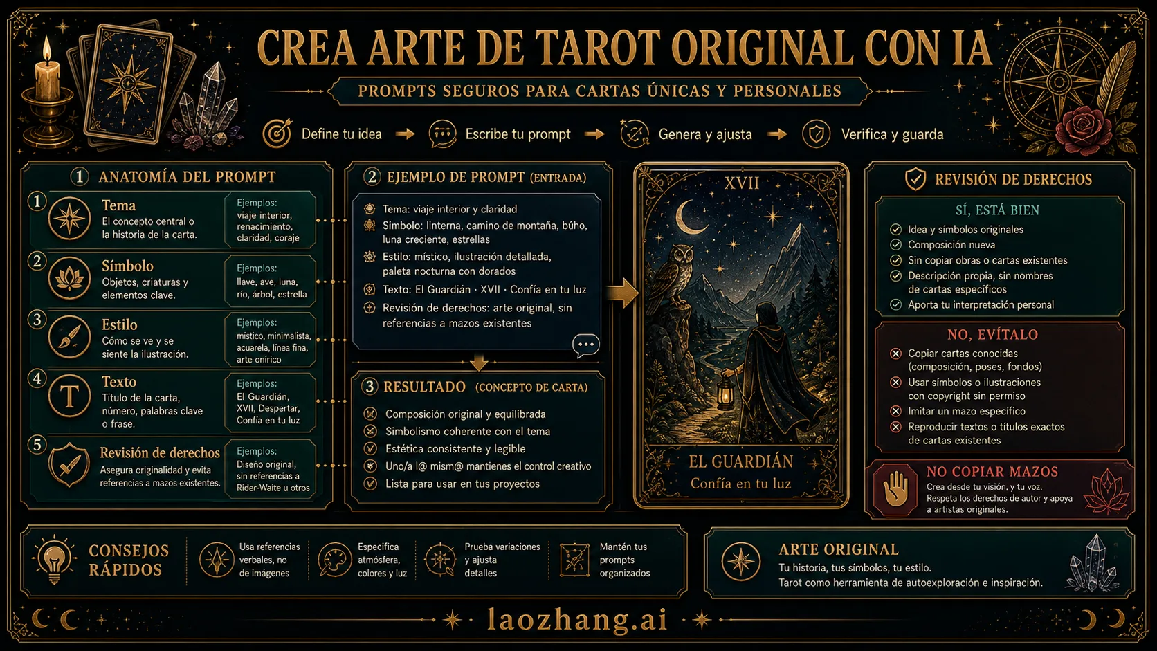 Estructura de prompt para crear una carta de tarot original con control de derechos
