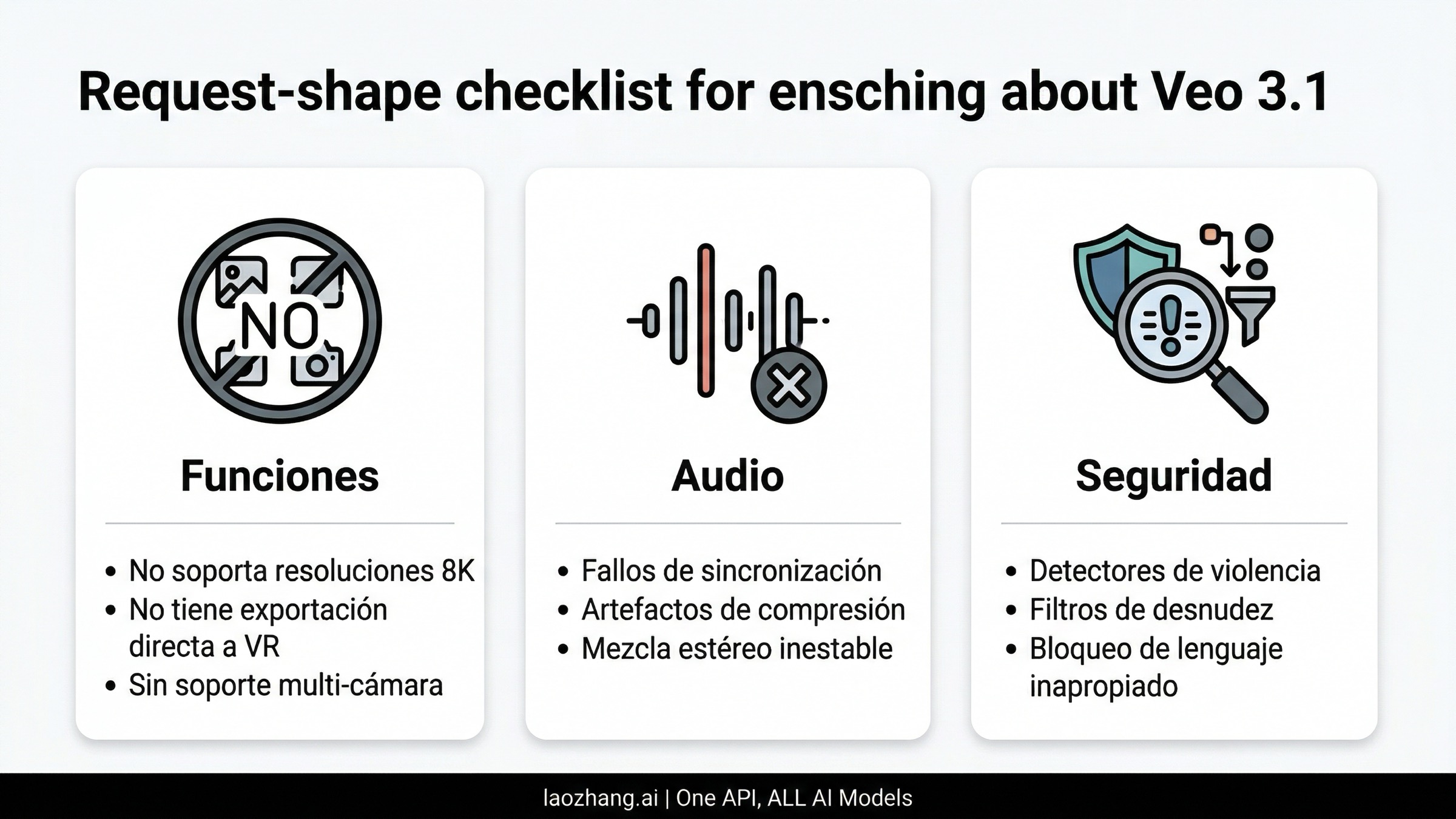 Panel de comprobación de funciones y audio para Google Veo 3.1