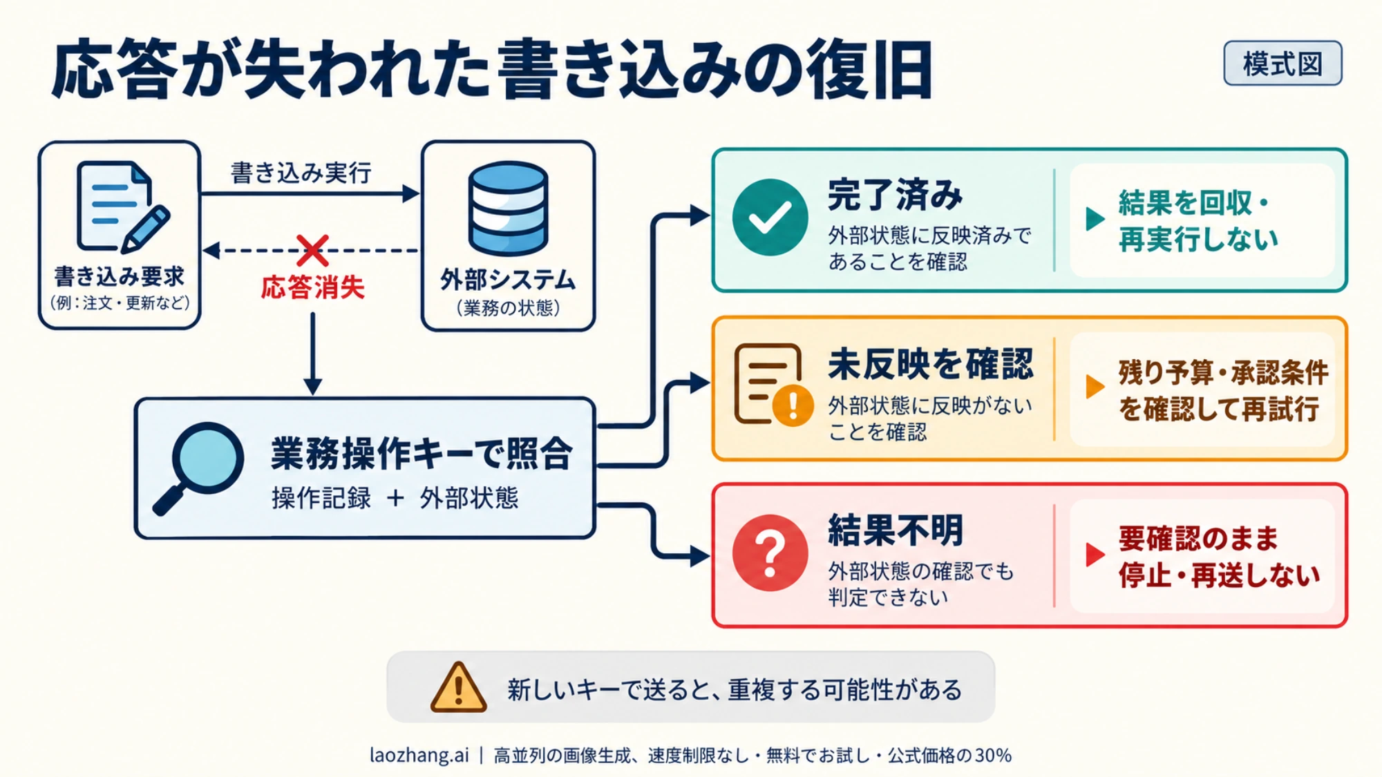 応答が失われた書き込みを業務操作キーで照合し、完了済み、未反映、結果不明に分けて扱う復旧の模式図。