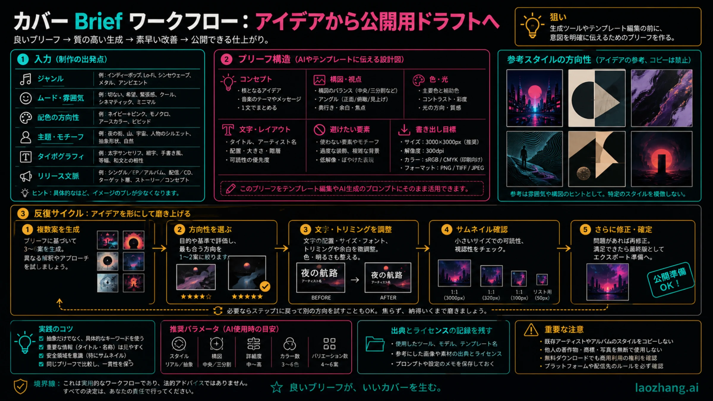 アルバムカバーの brief ワークフロー。ジャンル、ムード、主体、配色、タイポグラフィ、制約、バリエーション、編集、サムネイル確認を示す