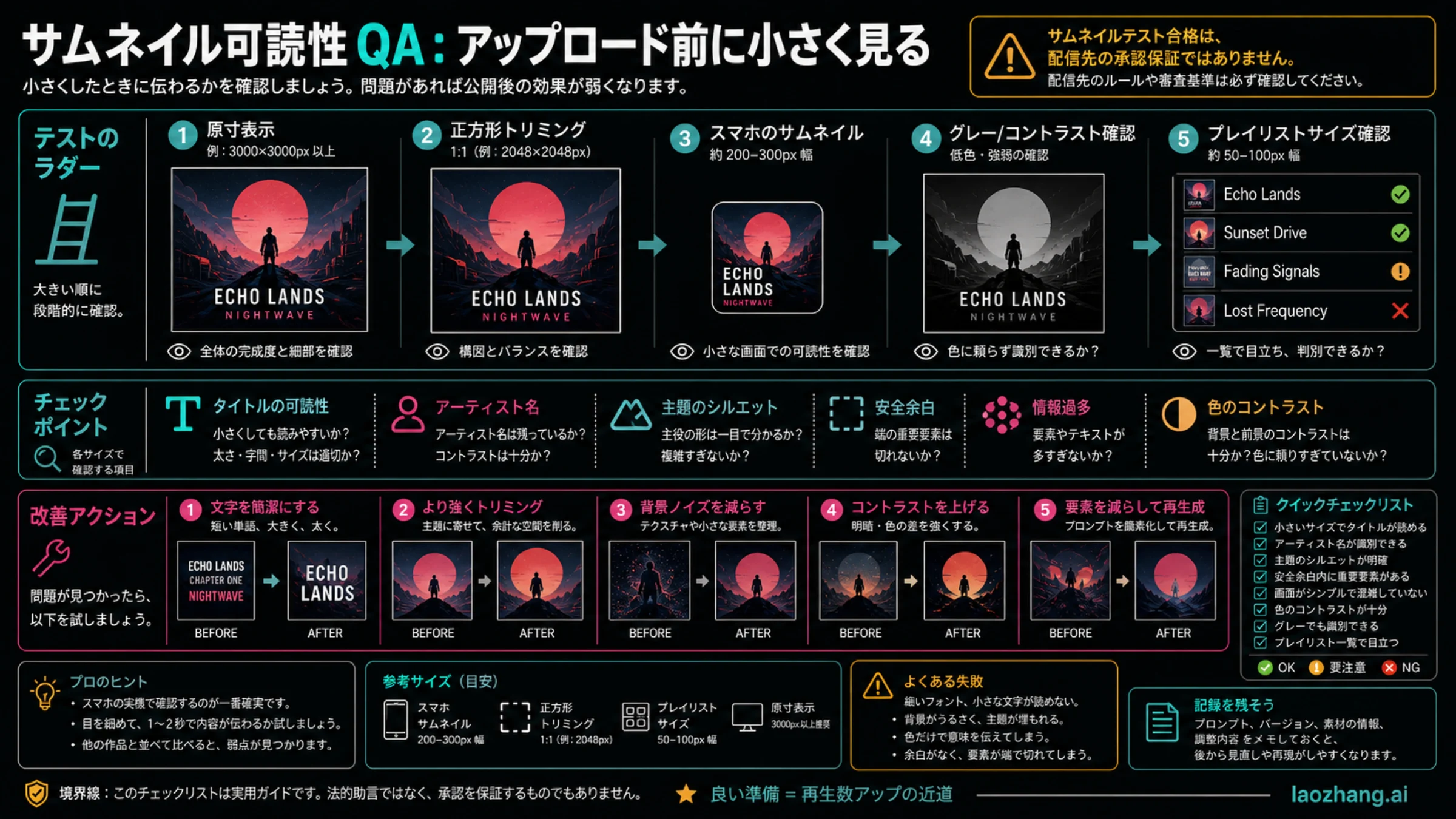 アルバムカバーのサムネイル可読性 QA。全体表示、正方形、スマホ小サイズ、グレースケール、コントラスト、安全余白を確認する