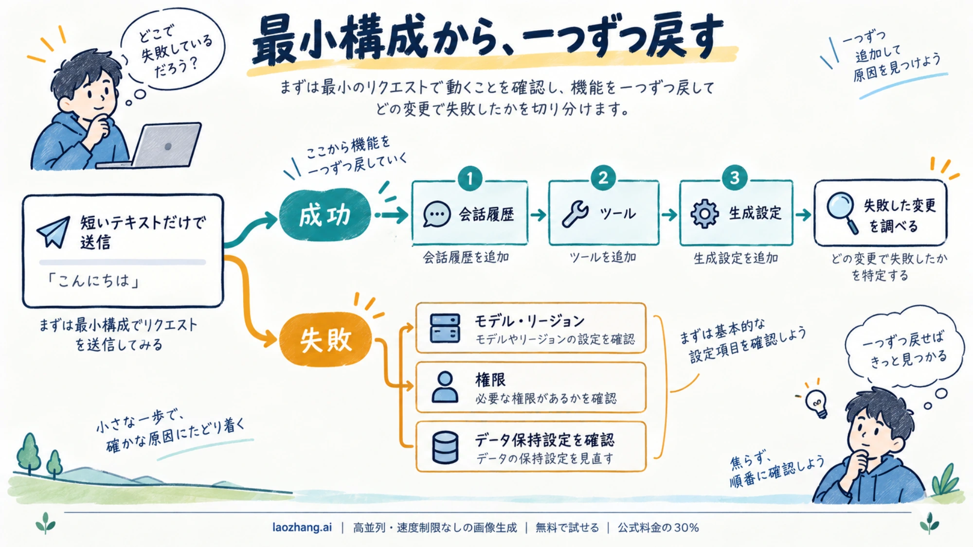 短いリクエストの成功後に会話履歴、ツール、生成設定を一つずつ戻して原因を絞る手順