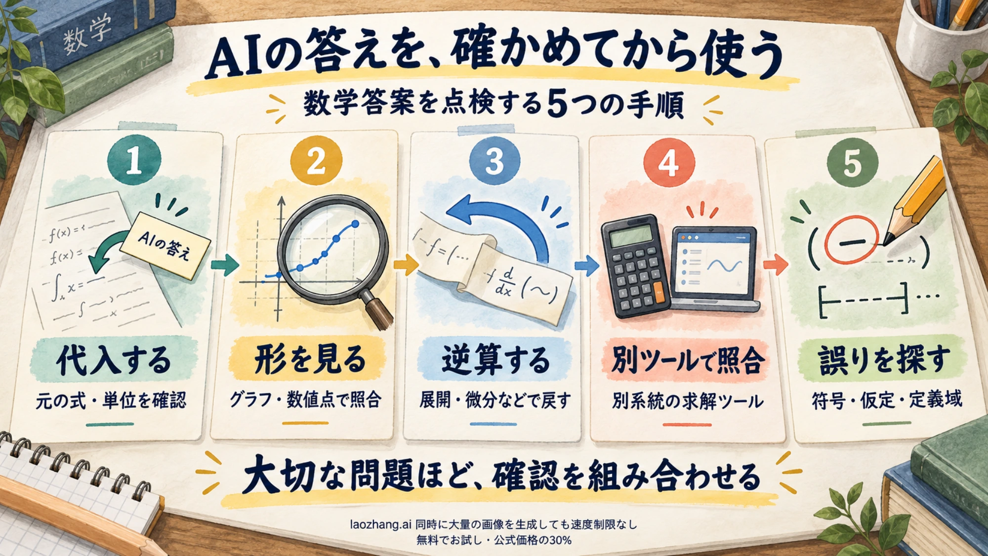 代入、グラフや数値点、逆向きの計算、別の求解ツール、誤り点検で数学答案を確認する五つの手順の概念図