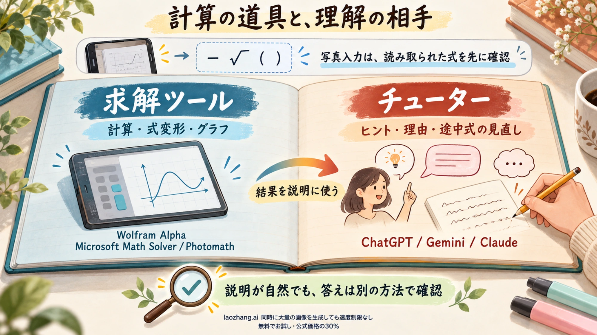 求解ツールは計算、チューターは理解を助け、読み取った式と最終答案を別に確認する役割の概念図