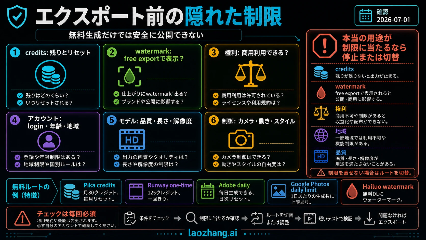 写真をアップロードする前に公式入口、クレジット、透かし、データ利用、削除を確認するチェックリスト