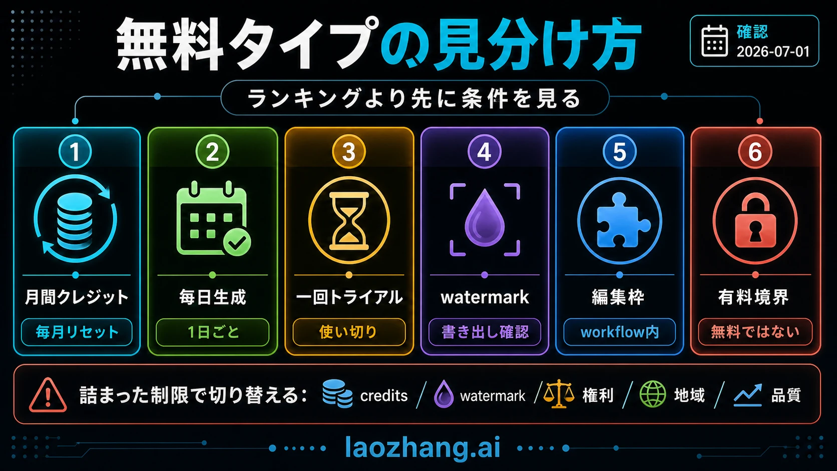 月次無料枠、単発トライアル、登録後確認、透かし付きプロモを分ける画像から動画生成AIの整理図