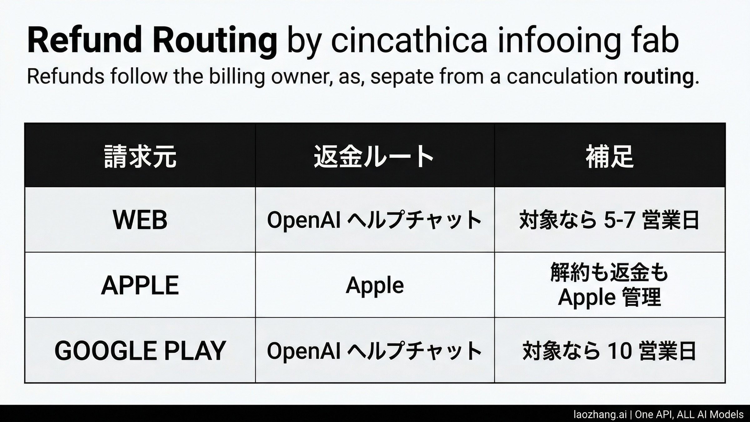Web、Apple、Google Play の請求元ごとに返金ルートを整理した図