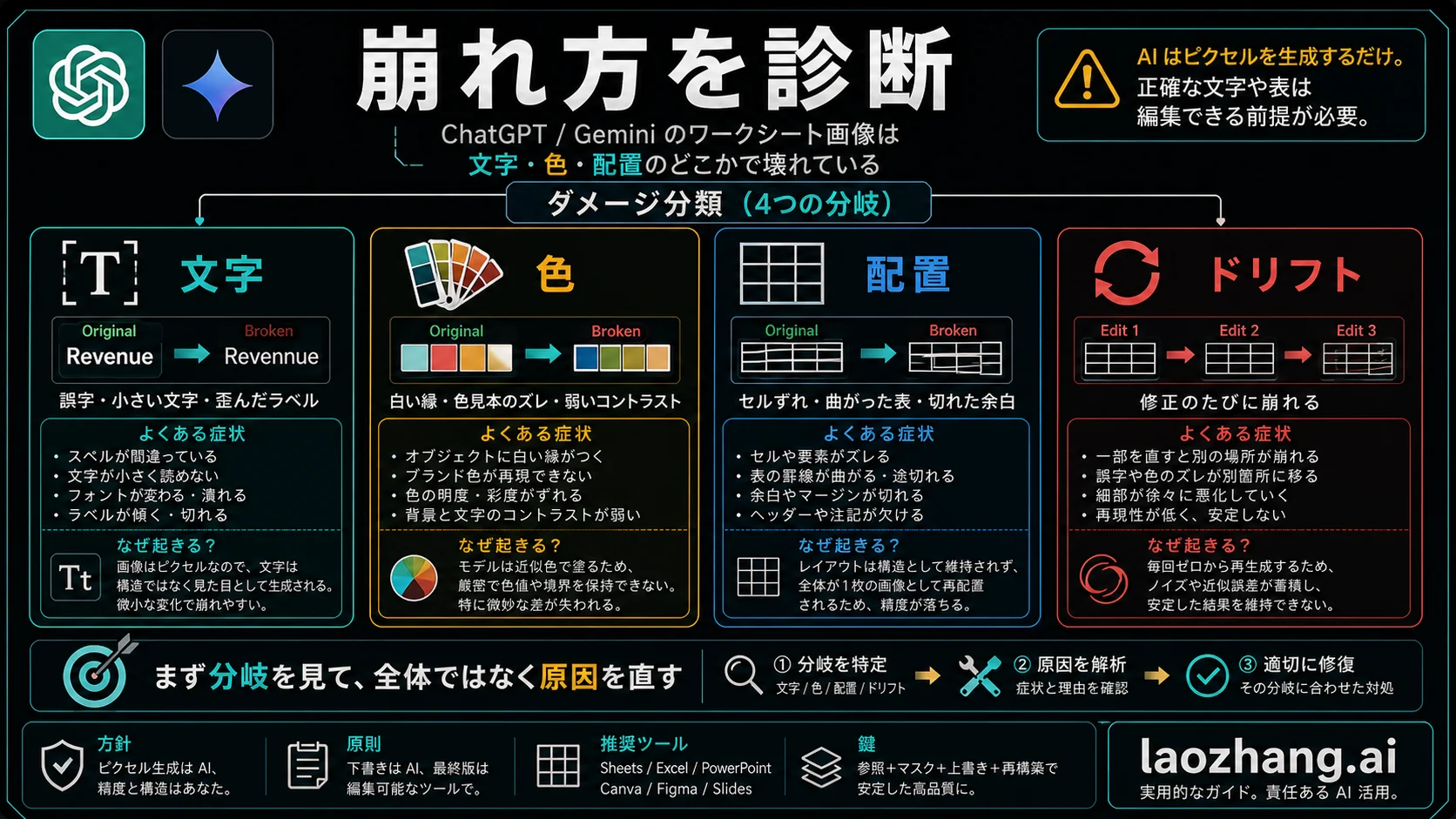 AI 生成ワークシート画像における文字、色、レイアウト、編集ドリフトの分類。