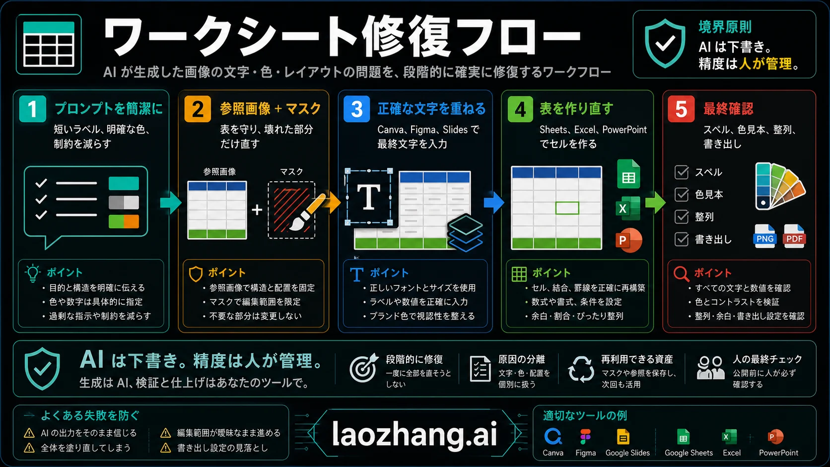 ChatGPT または Gemini で崩れたワークシート画像を修正する流れ。