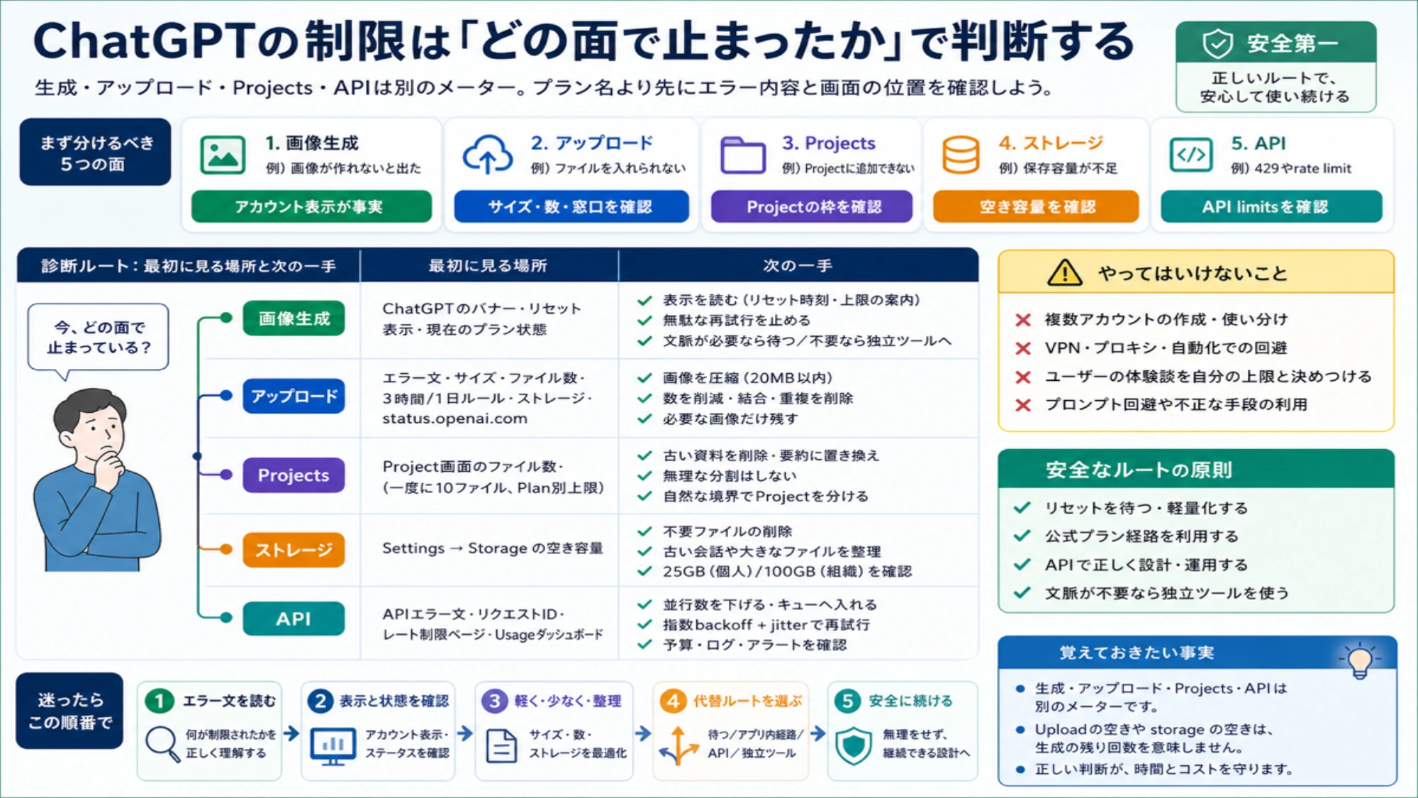 ChatGPTの生成、アップロード、保存容量、Projects、APIの制限を分ける記事イラスト