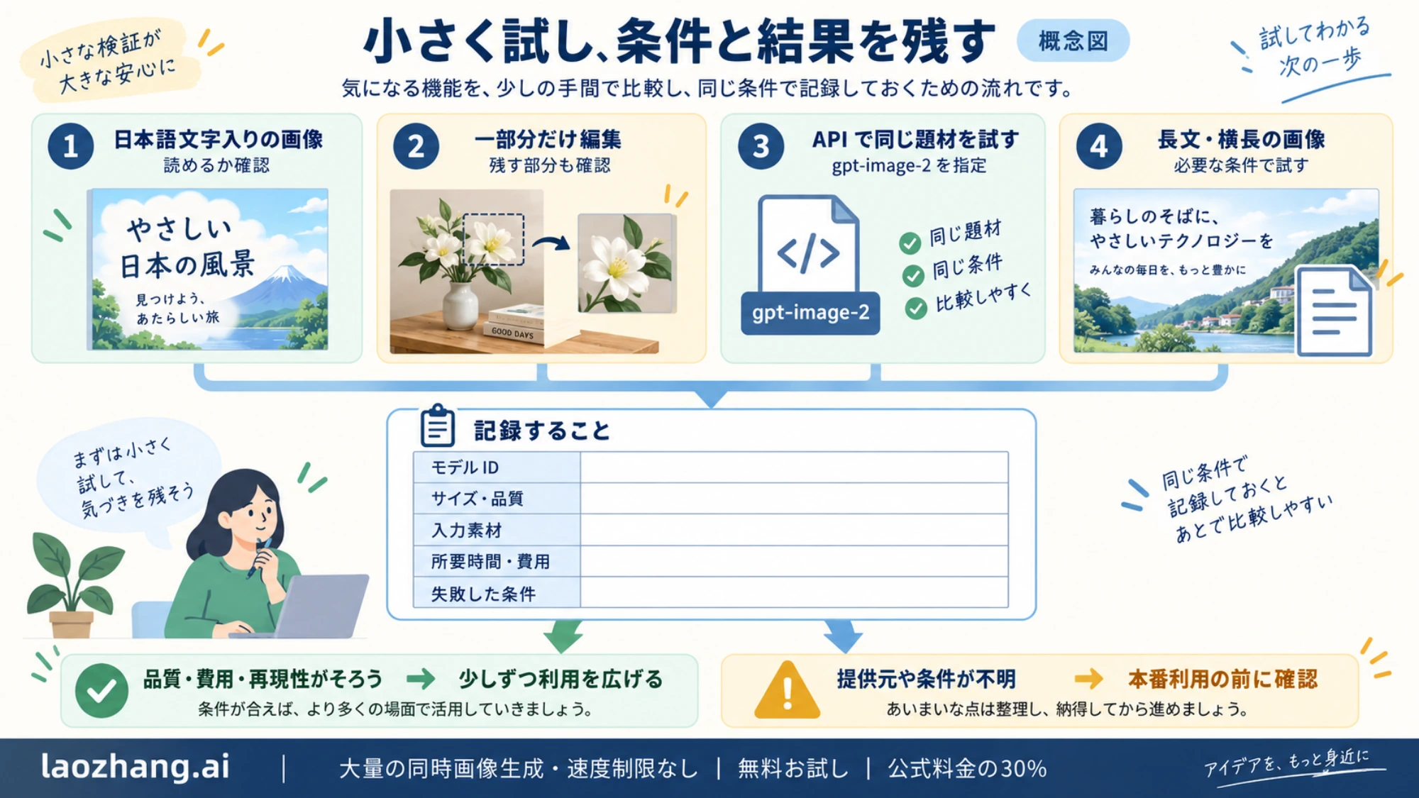 日本語文字、部分編集、API、長文と横長画像を小さく試し、条件と結果を記録する手順の概念図