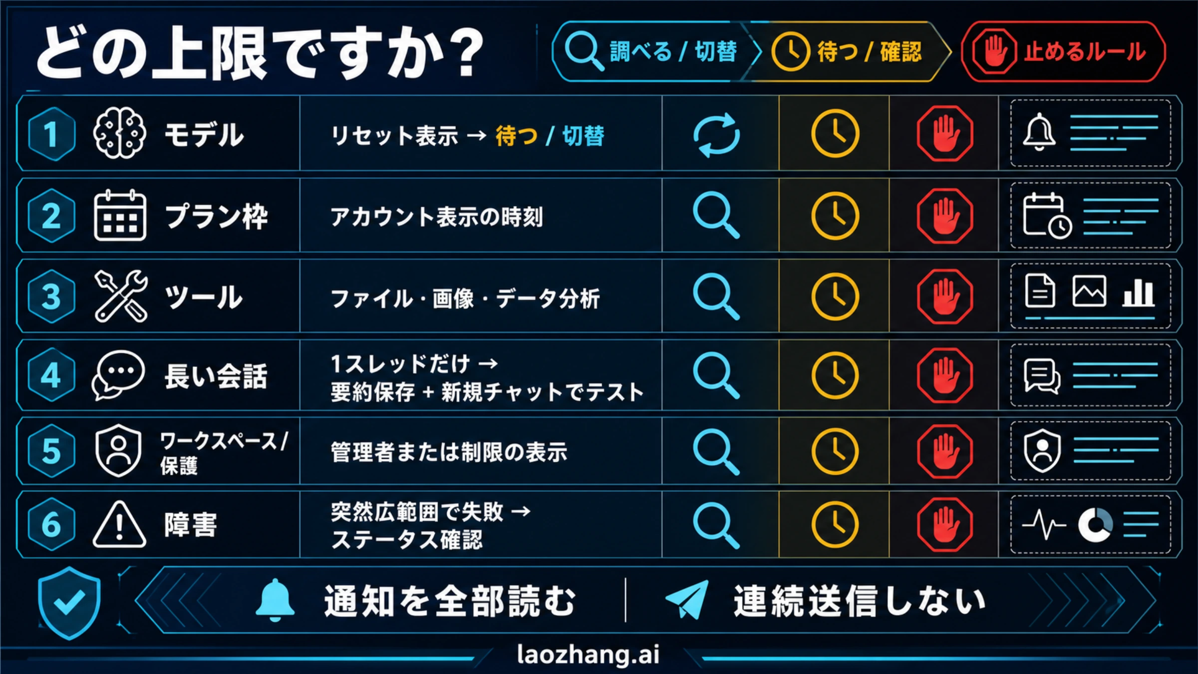 ChatGPT の制限元をモデル、プラン、機能、会話、ワークスペースまたは保護措置、障害に分ける6経路図