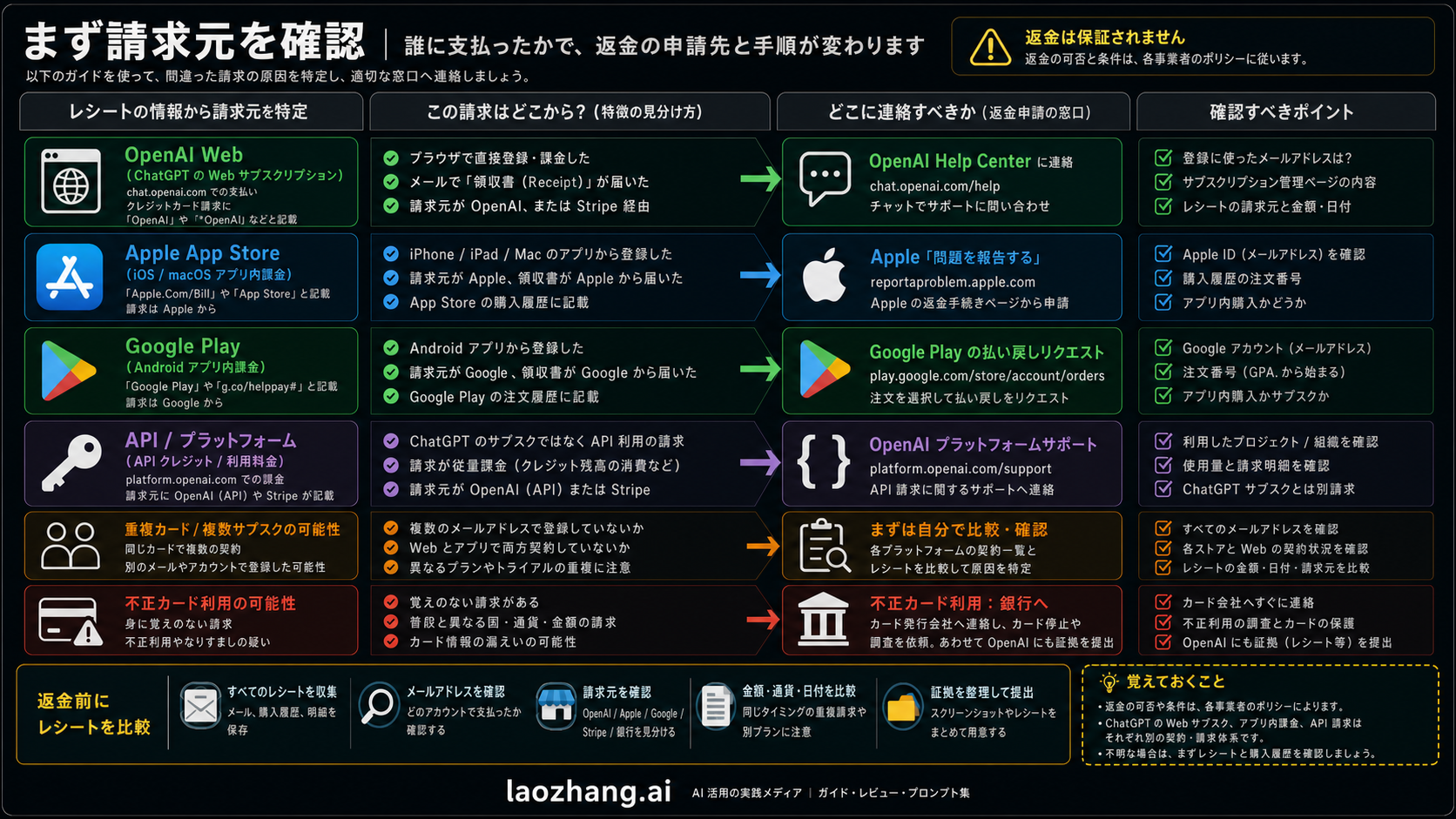 ChatGPTの請求がOpenAI Web、Apple、Google Play、API請求、銀行ルートのどれかを判断するためのボード