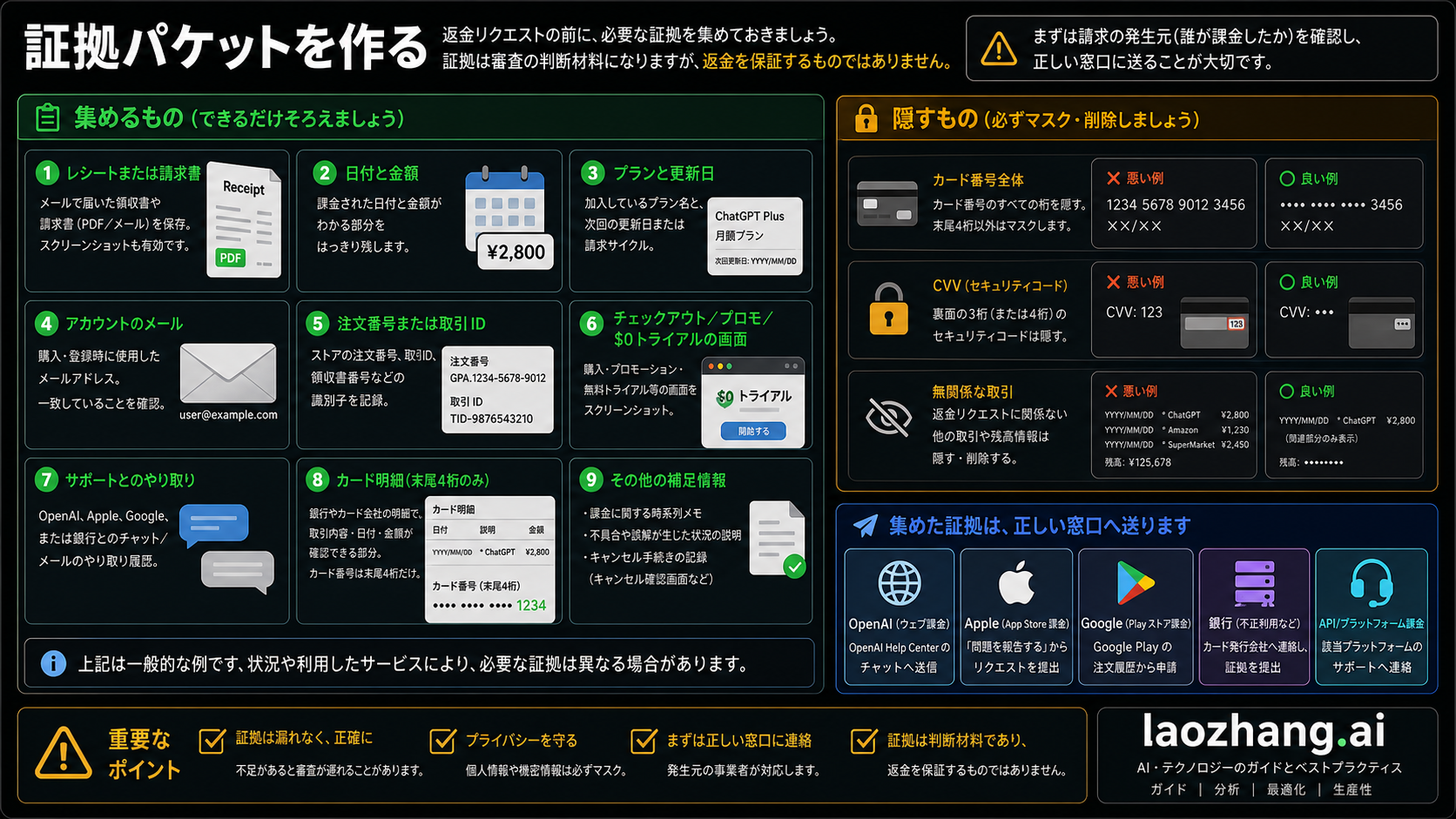 ChatGPT返金申請前に準備する領収書、請求情報、アカウント、注文番号、スクリーンショット、問い合わせ記録、伏せる支払い情報のチェックリスト