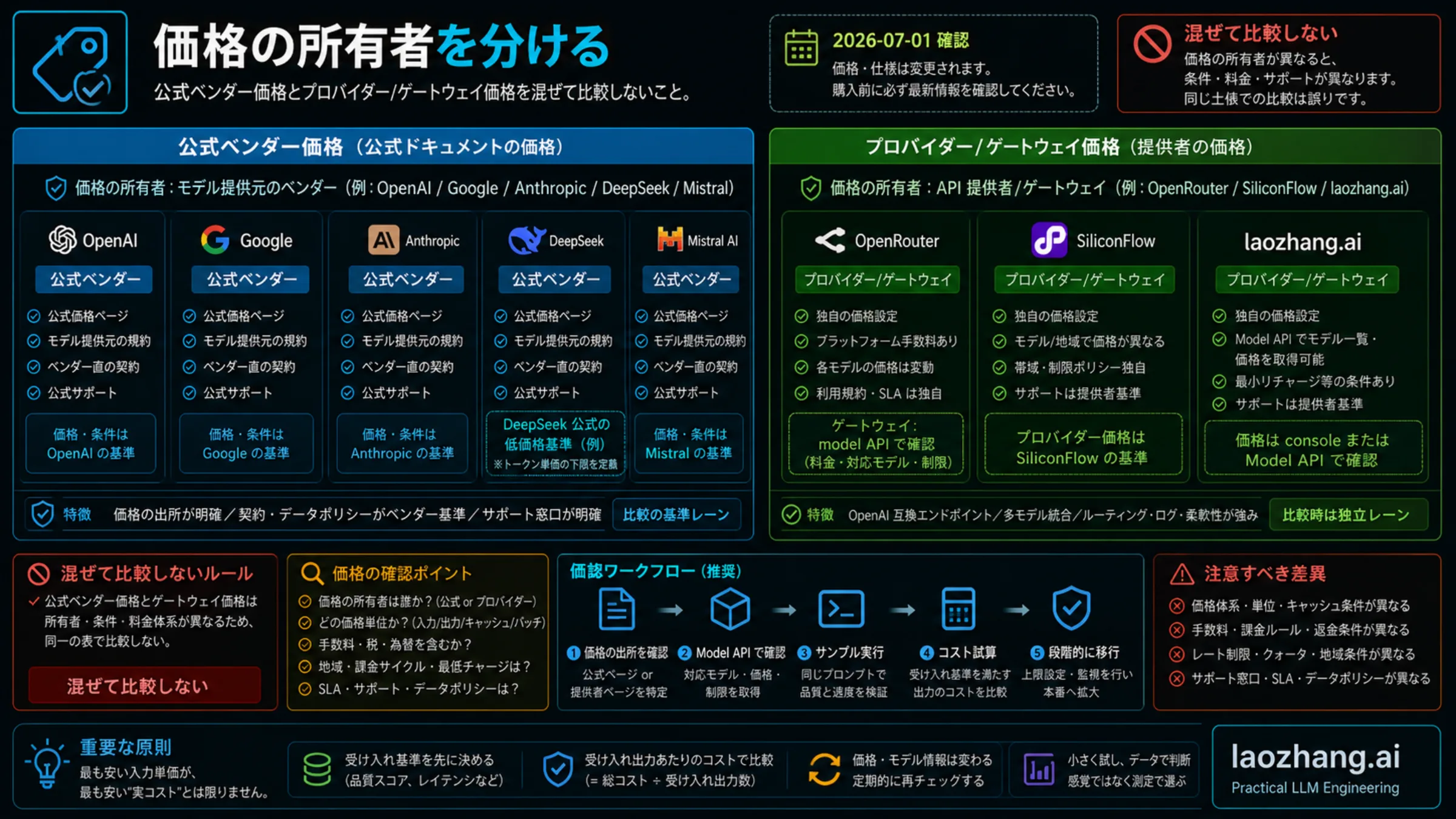 公式 vendor 価格と gateway/provider 価格を分ける source-owner ボード