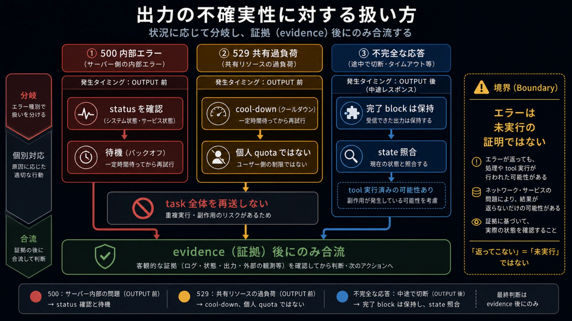 Claude Code 500、529、応答途中切断の分岐図