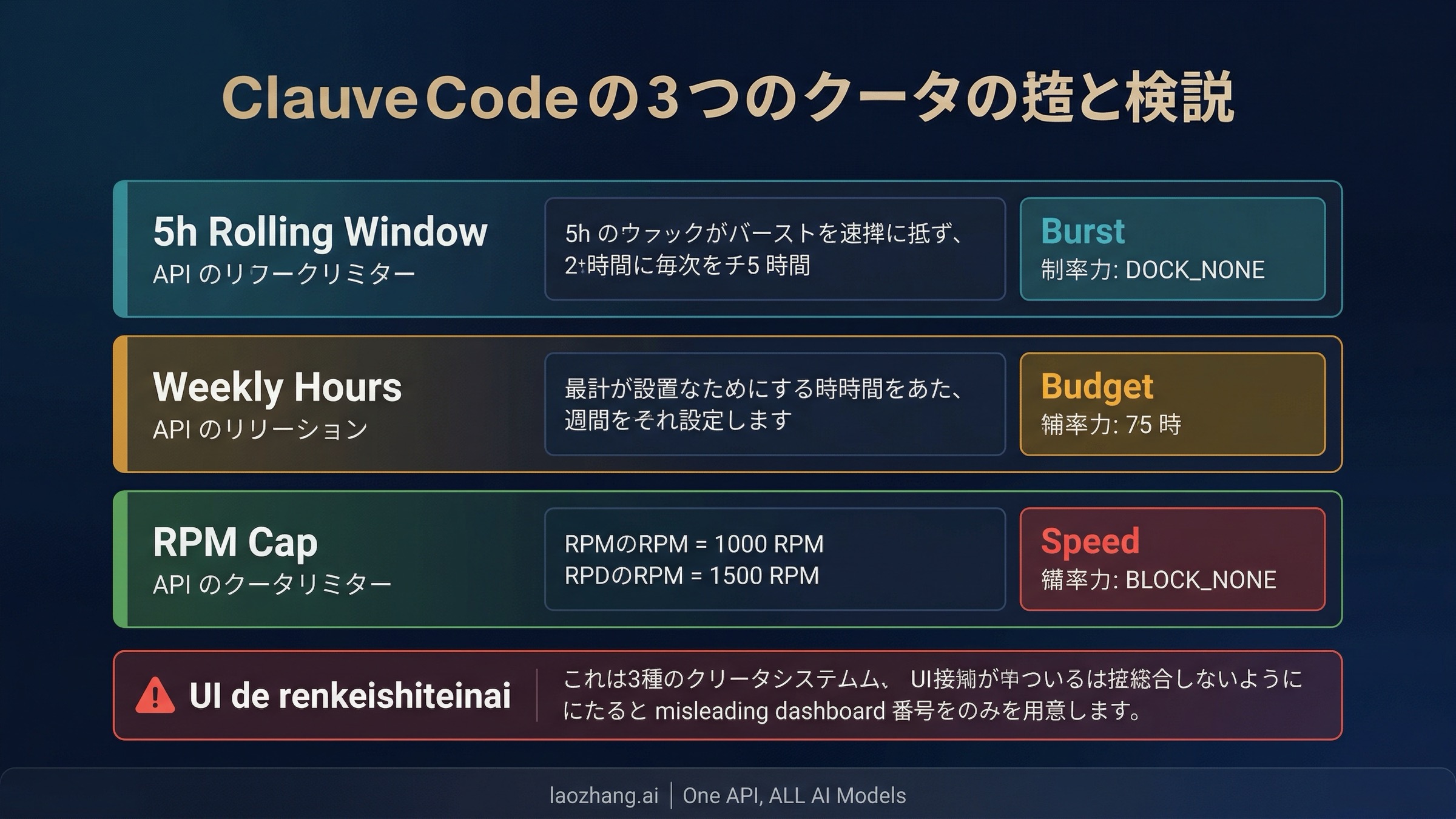 Claude Codeの3層クォータアーキテクチャ（5時間ウィンドウ・週間時間・RPMキャップ）を示す図