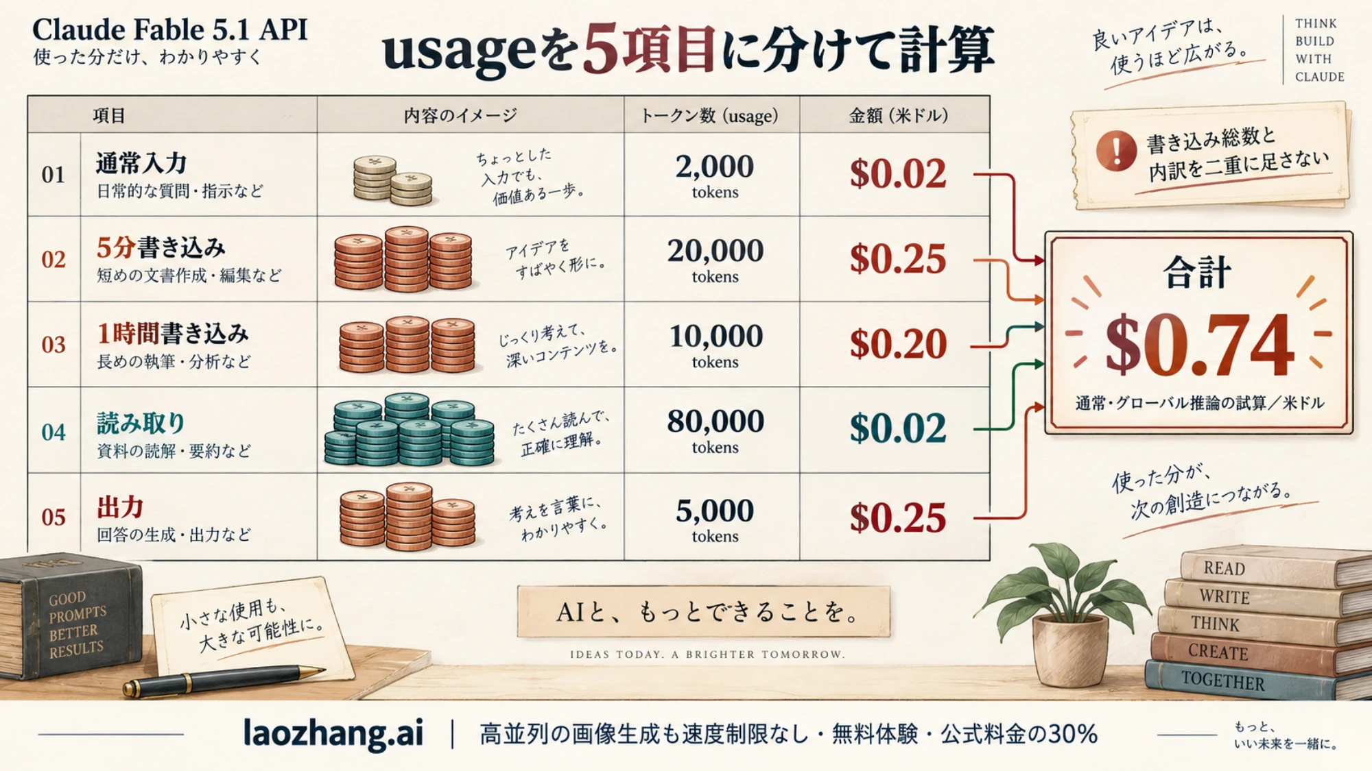 通常入力、2種類のキャッシュ書き込み、読み取り、出力を合計して0.74ドルになる料金の試算