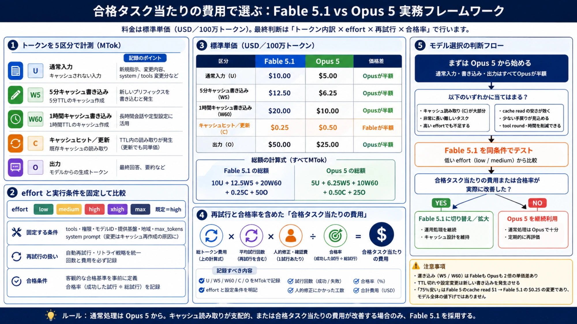 トークン区分、effort、再試行、合格タスク当たりの費用でFable 5.1とOpus 5を比較する実務表