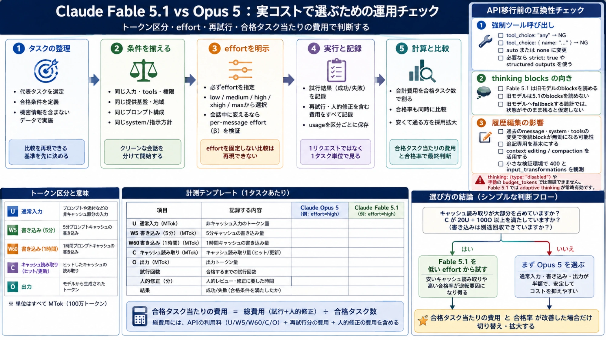 同条件テスト、互換性、キャッシュ安定性、合格タスク費用を記録するモデル比較チェック