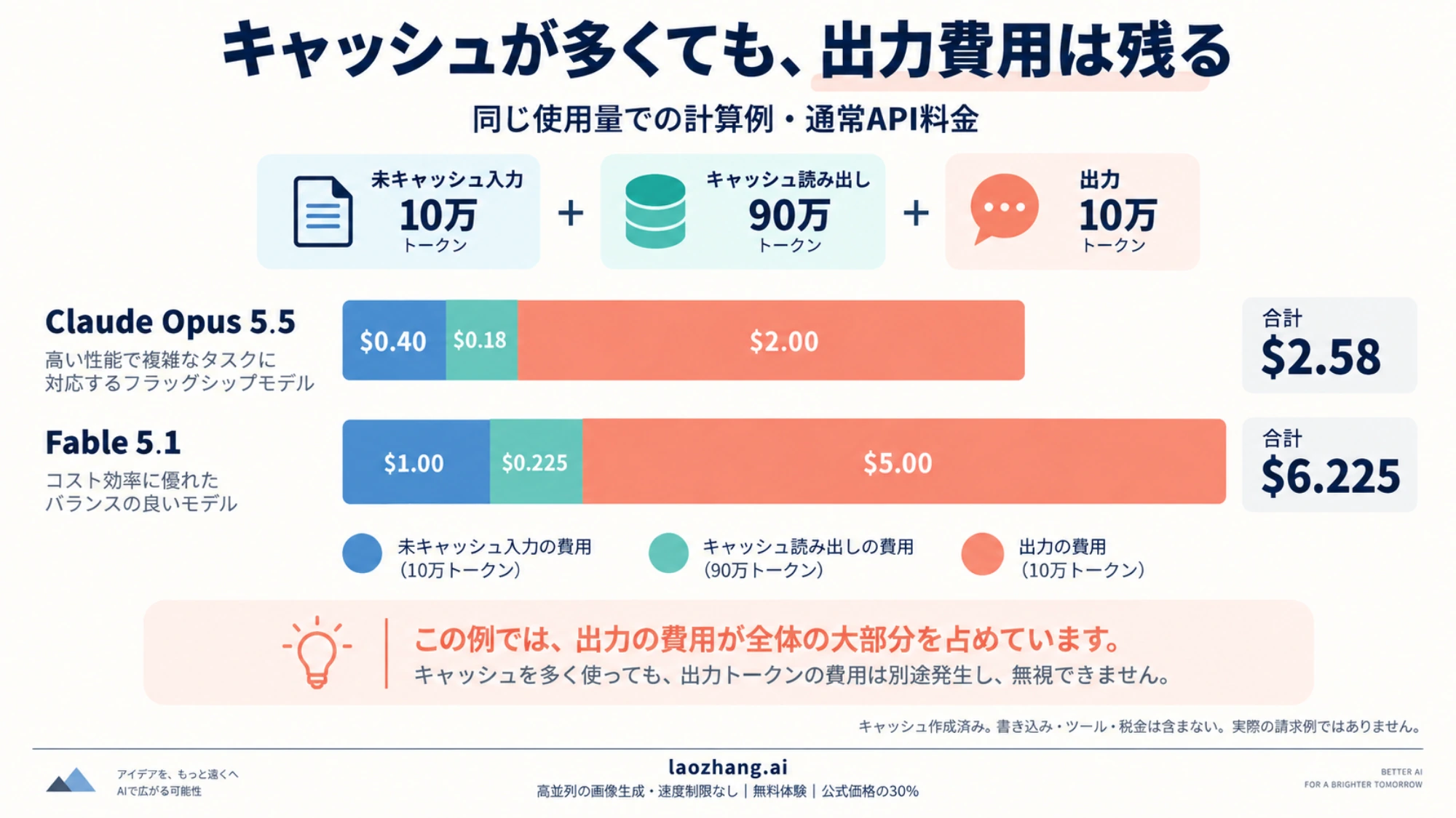 同じ入力・キャッシュ読み出し・出力の使用量から両モデルの費用を計算する図