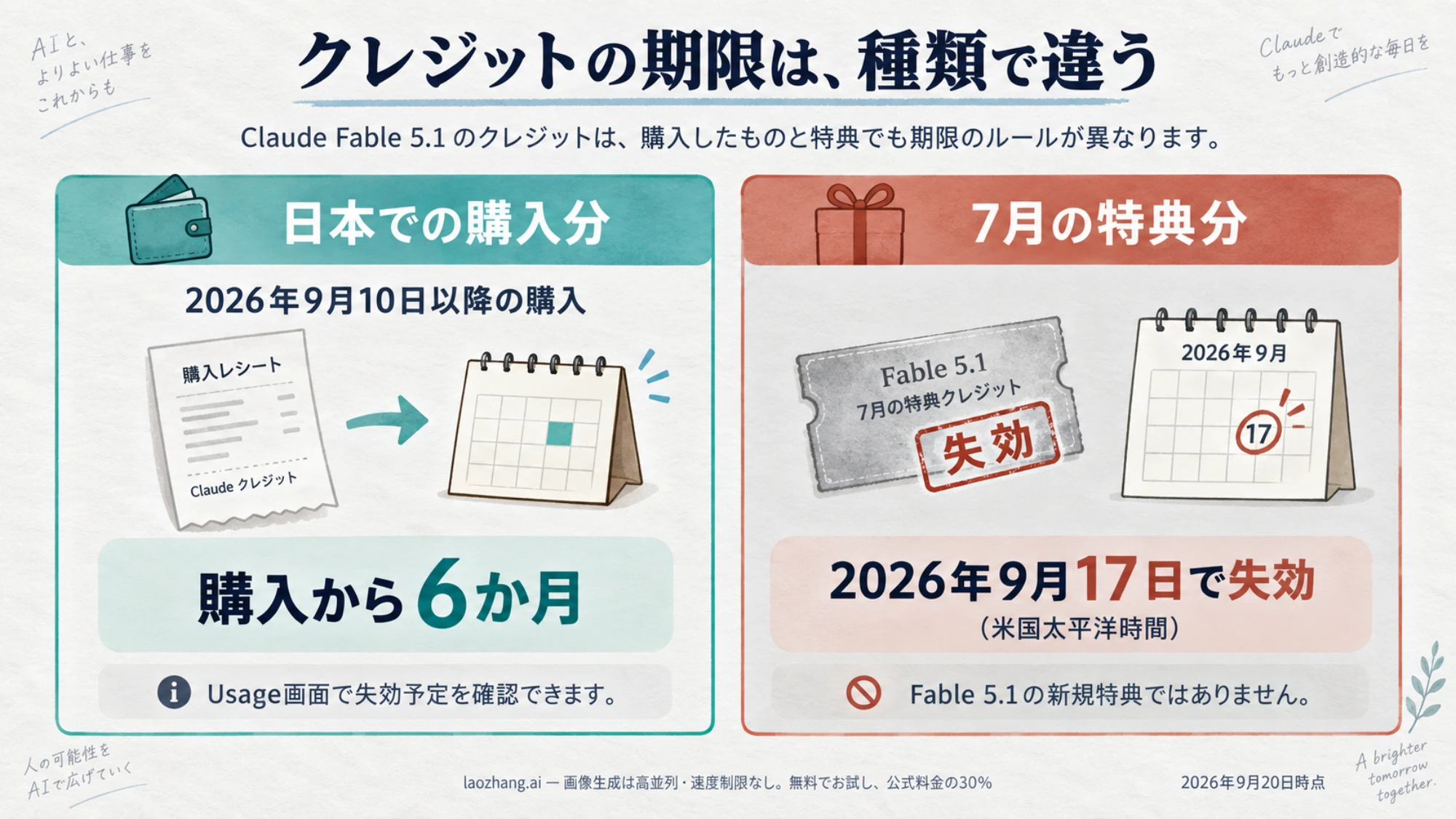 日本で購入したクレジットの6か月の有効期限と、すでに失効した7月の特典クレジットを区別する図