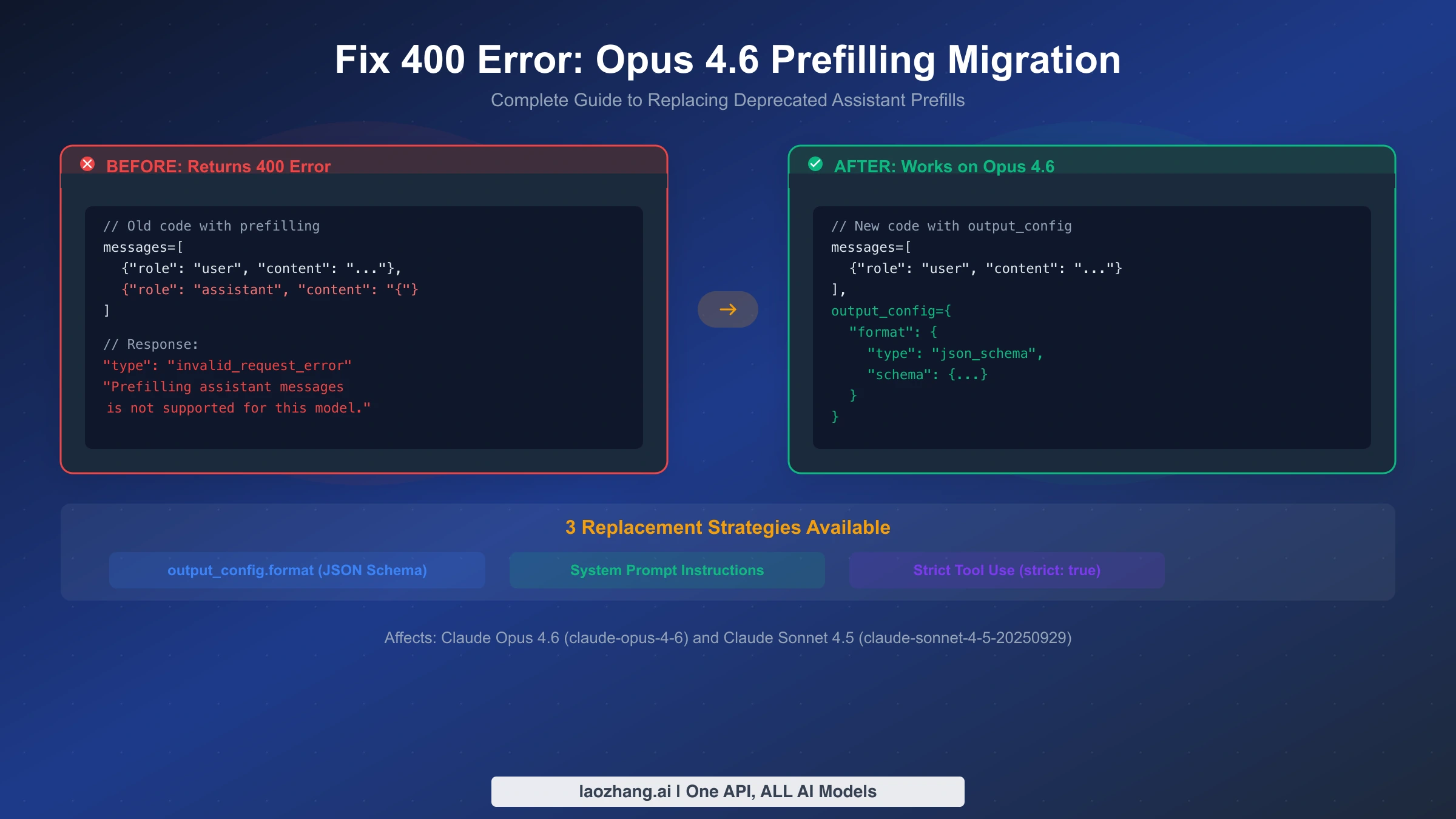 末尾に assistant の prefill を置いて 400 になるリクエストと、output_config.format に置き換えたリクエストを左右に並べた比較図