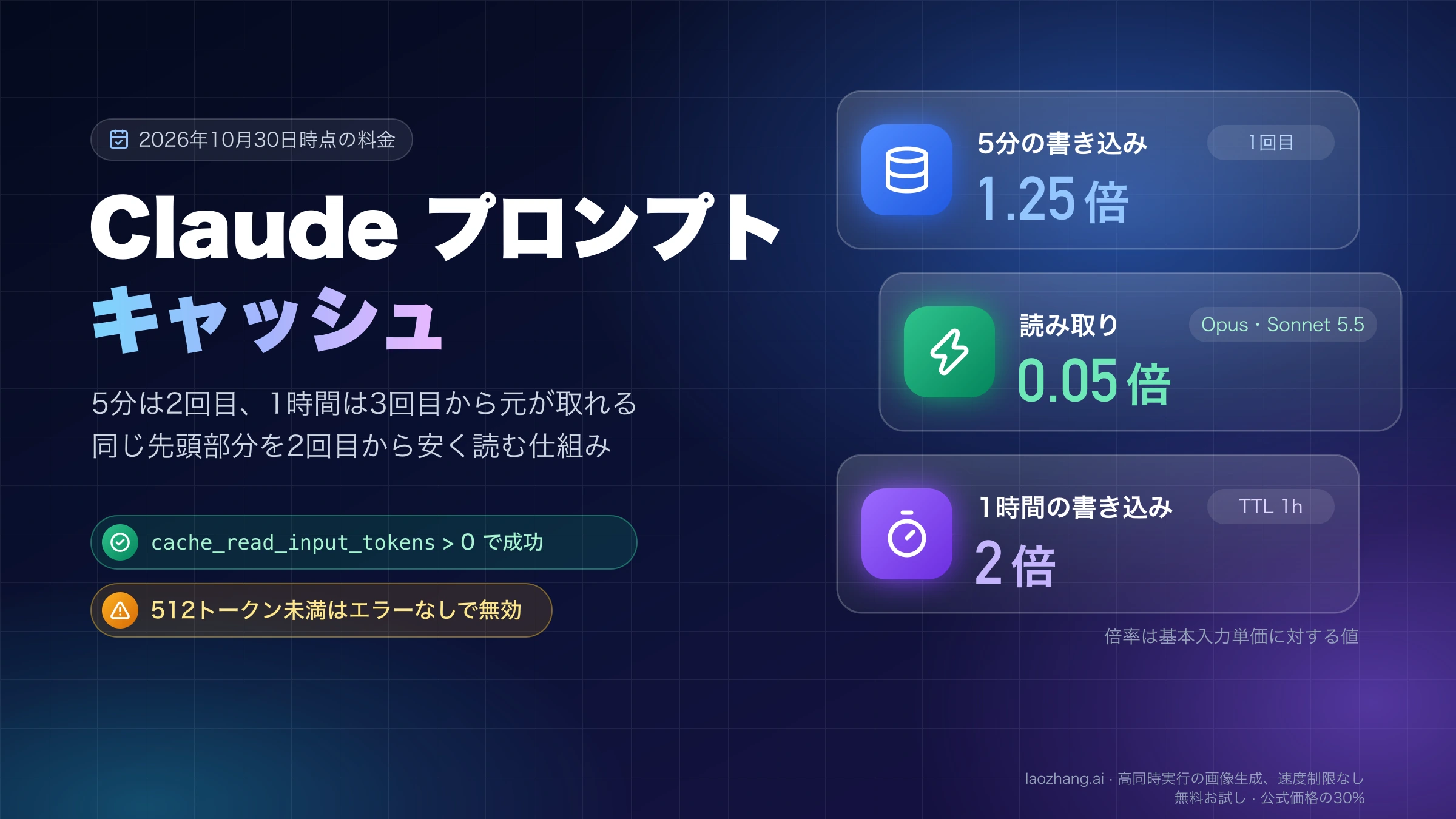 Claudeプロンプトキャッシュの倍率。5分の書き込みは1.25倍、Opus 5.5とSonnet 5.5の読み取りは0.05倍、1時間の書き込みは2倍